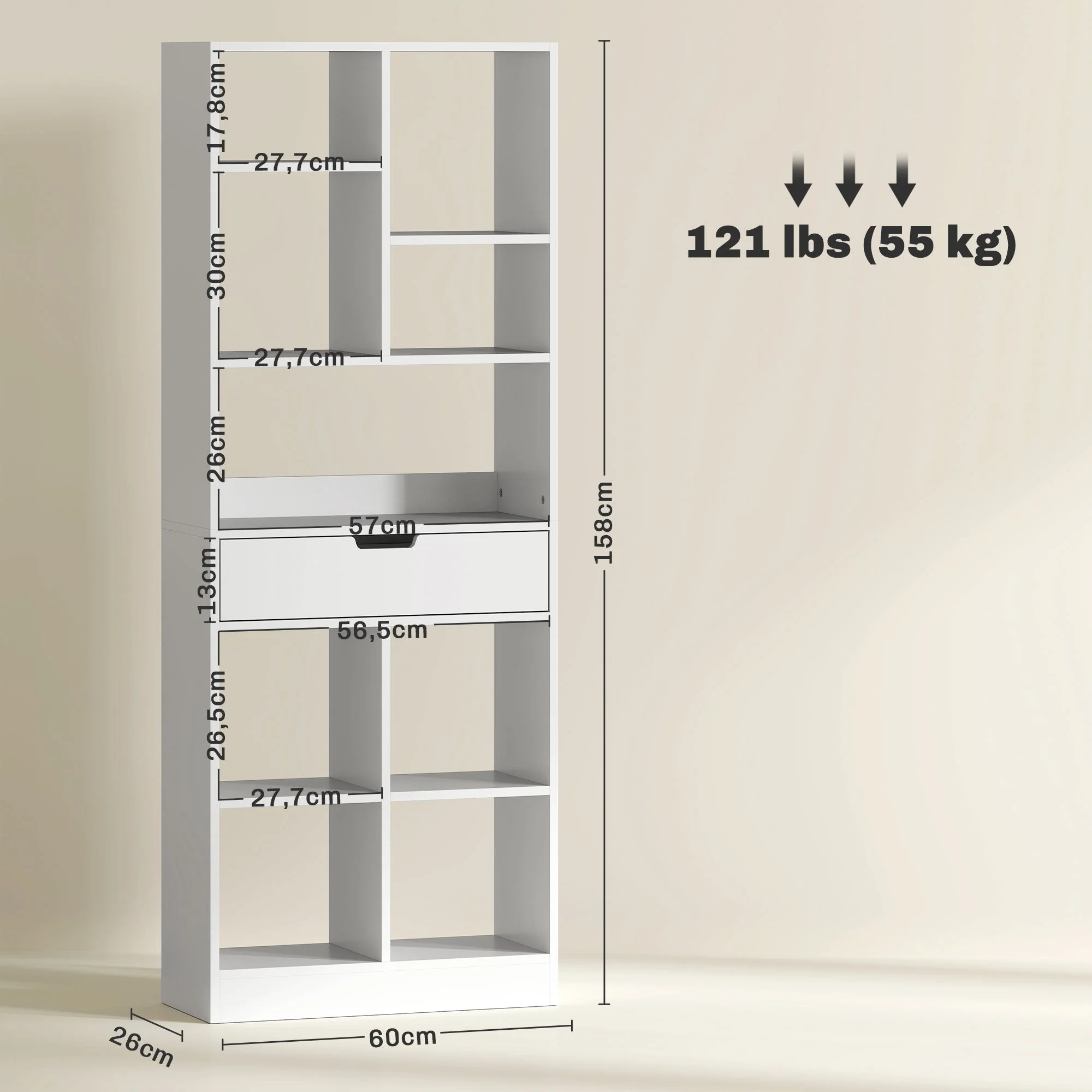 Bookshelf 9 Shelves 1 Drawer Anti-Tip 60x26x158cm White - Image 3