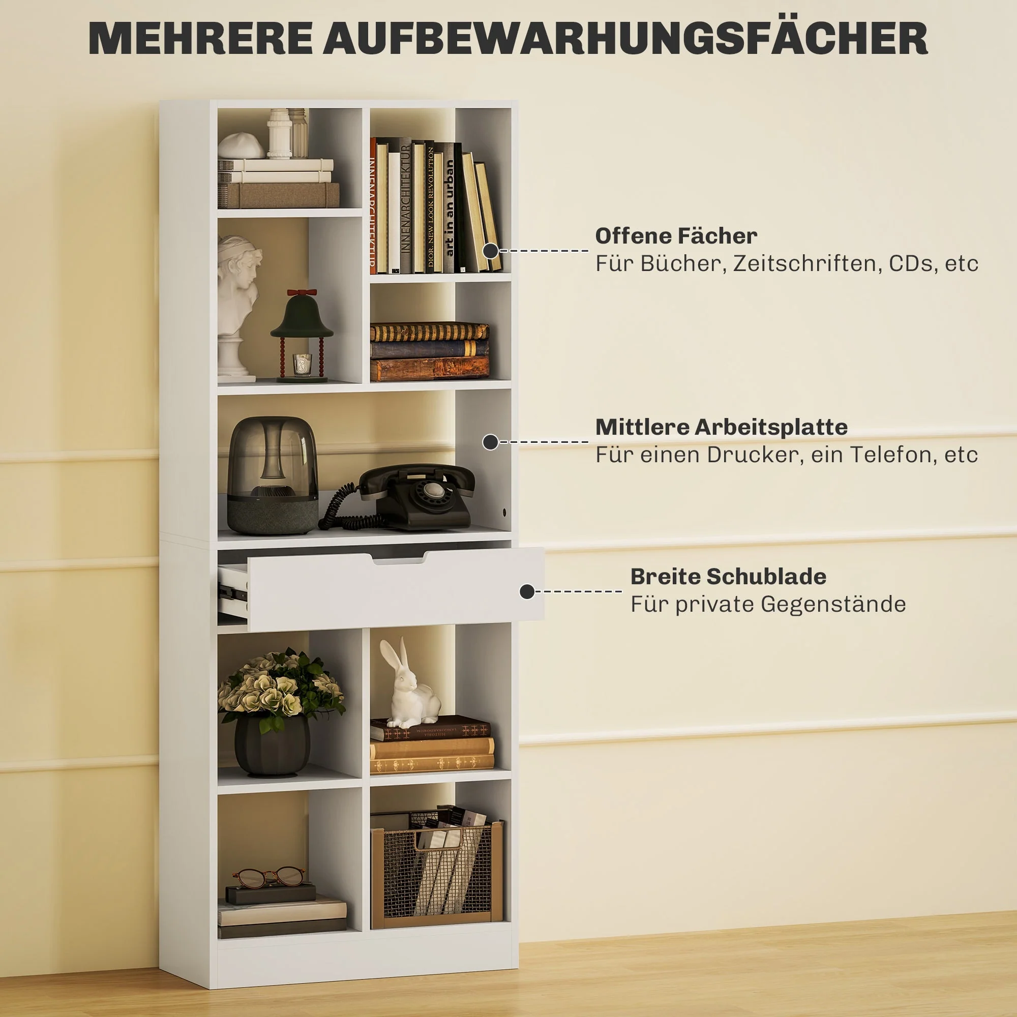 Bookshelf 9 Shelves 1 Drawer Anti-Tip 60x26x158cm White - Image 4