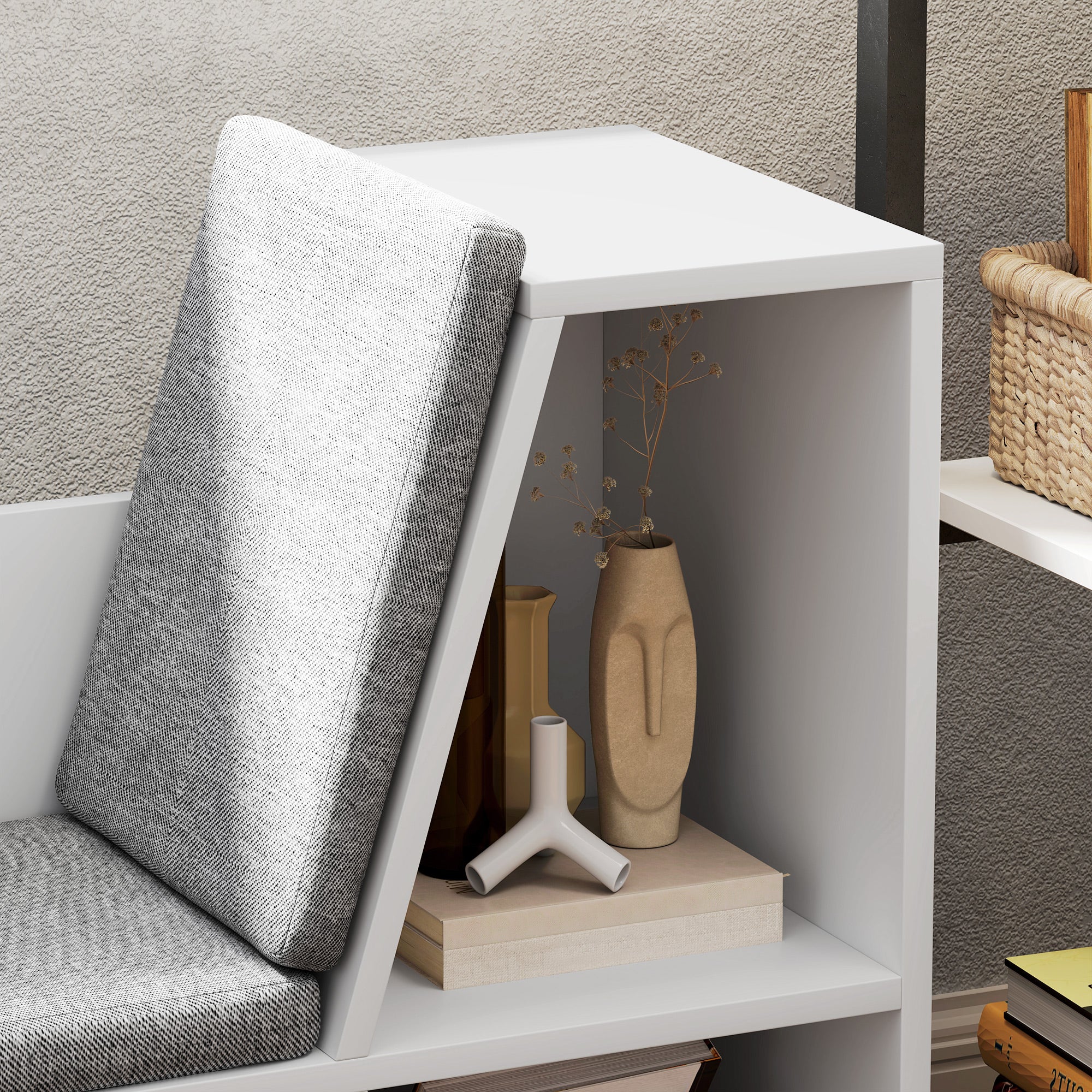 Bookshelf Storage with Seat Cushion 6 Compartment, Linen Look White - Image 8
