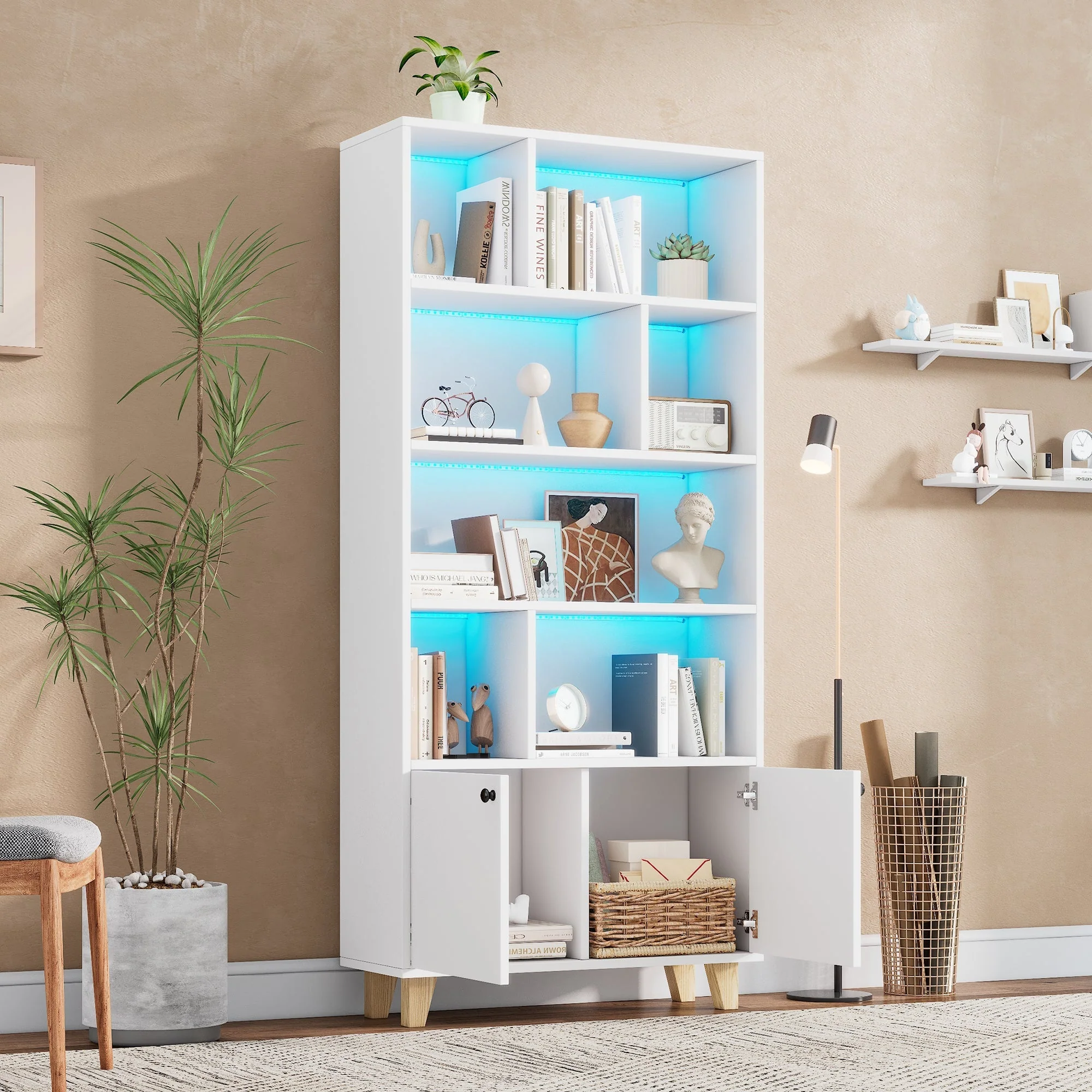 Bookshelf with Solid Wood Legs and LED Ambient Light, White - Image 2