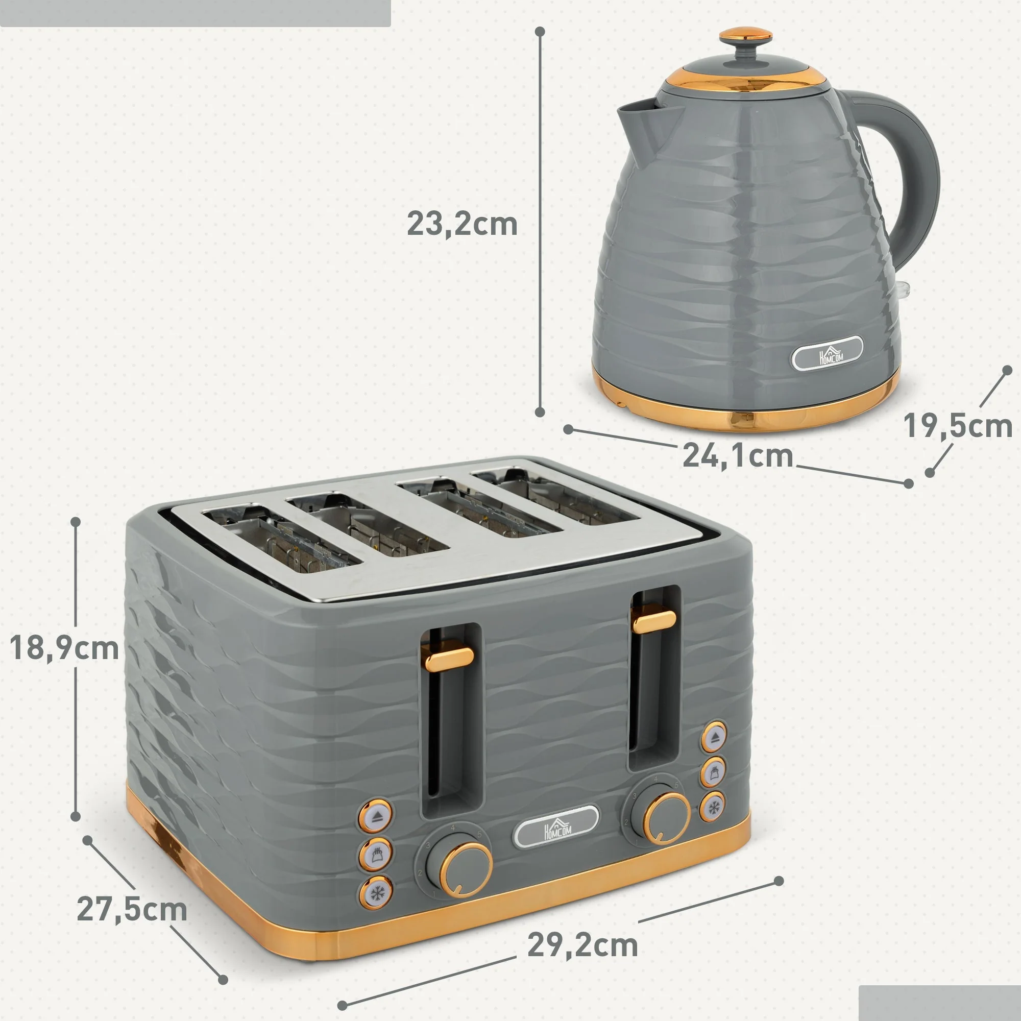 Breakfast Set 1.7L Kettle 4 Slice Toaster 3000W 7 Browning Levels Defrost Reheat Grey - Image 3
