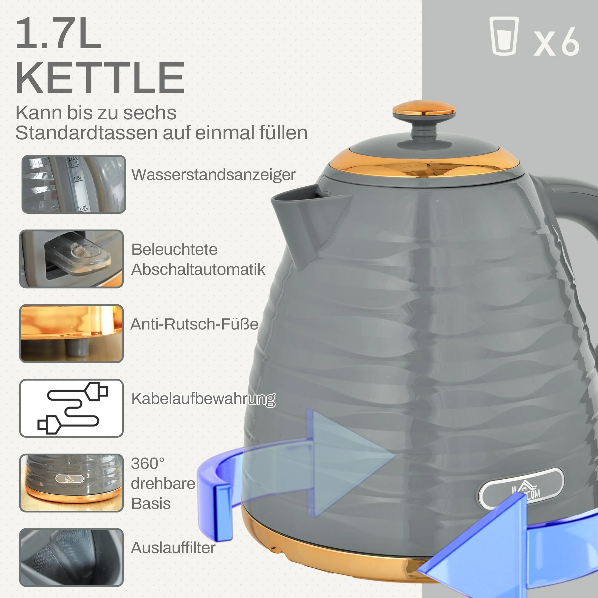 Breakfast Set 1.7L Kettle 4 Slice Toaster 3000W 7 Browning Levels Defrost Reheat Grey - Image 4