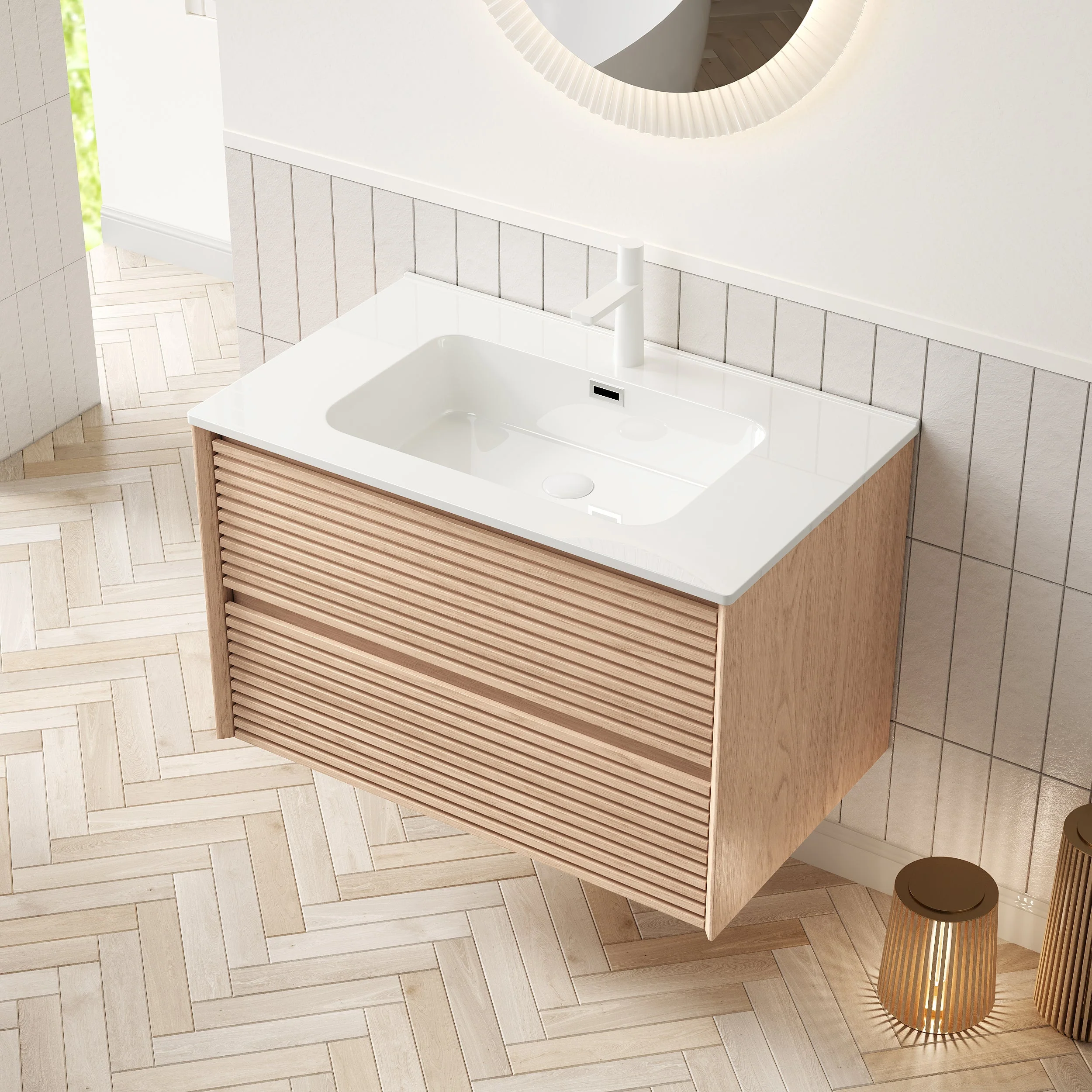 BRON Wall Mounted Vanity 81cm Ceramic Undermount Basin 2-Drawer Cinnamon Walnut Wood Grain - Image 2