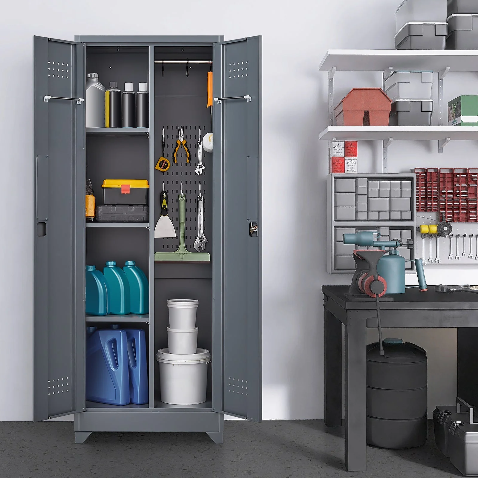 Broom Storage Cabinet with Locking Doors, Shelves and Hanging Rod, 65" H, Metal - Image 3