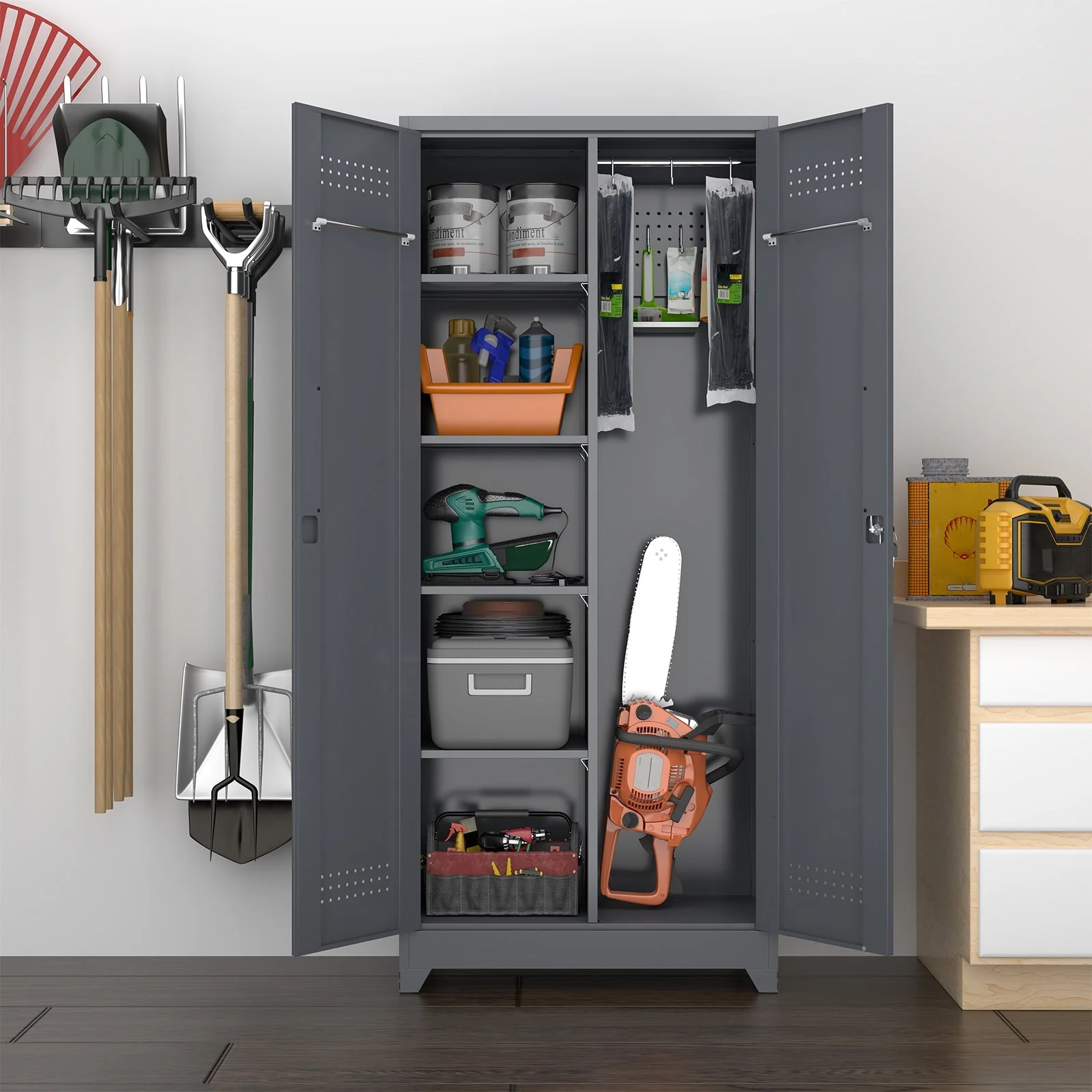 Broom Storage Cabinet with Locking Doors, Shelves and Hanging Rod, 65" H, Metal - Image 5