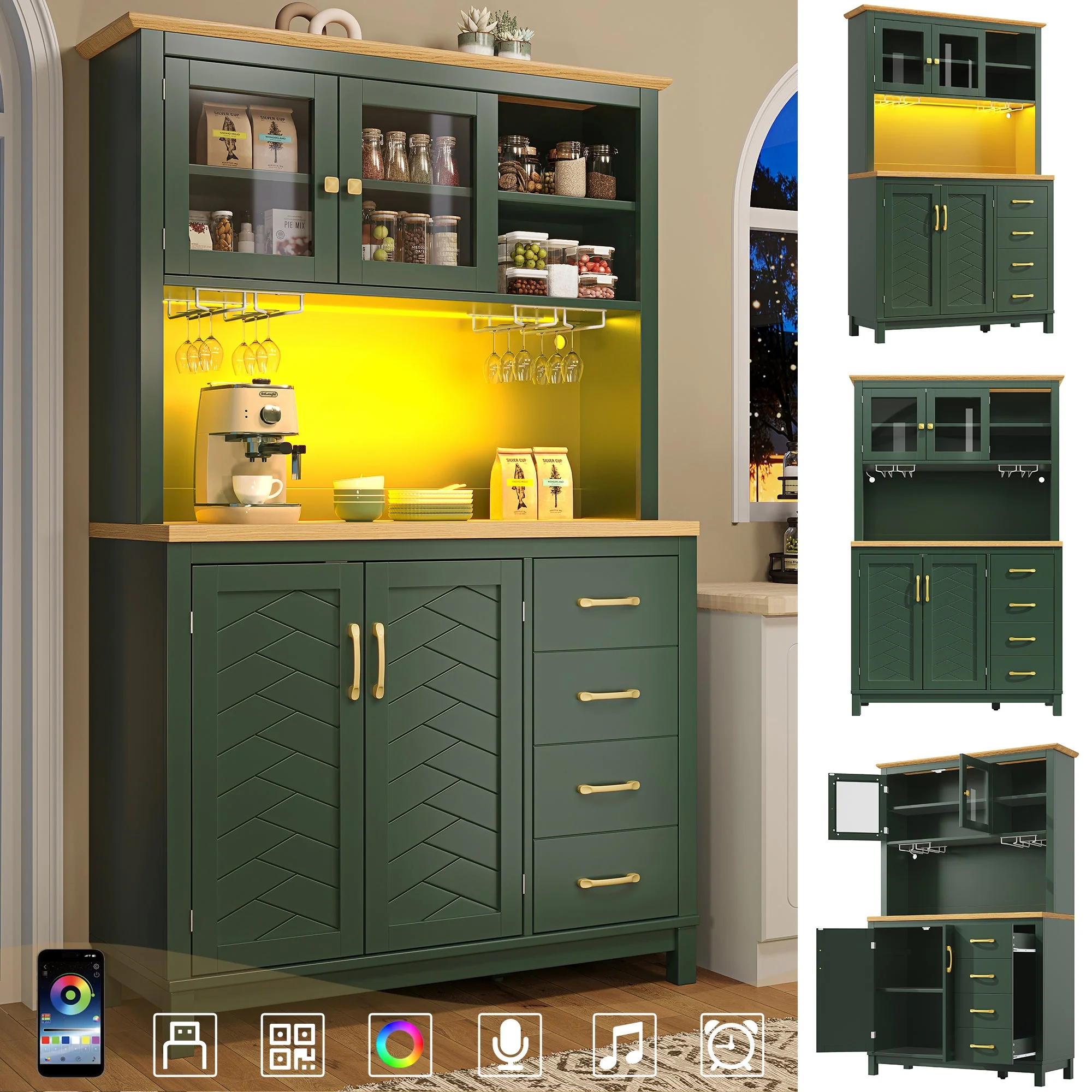 Buffet Cabinet with LED Light Strip and Drink Holders, Green, Black and White - Image 2