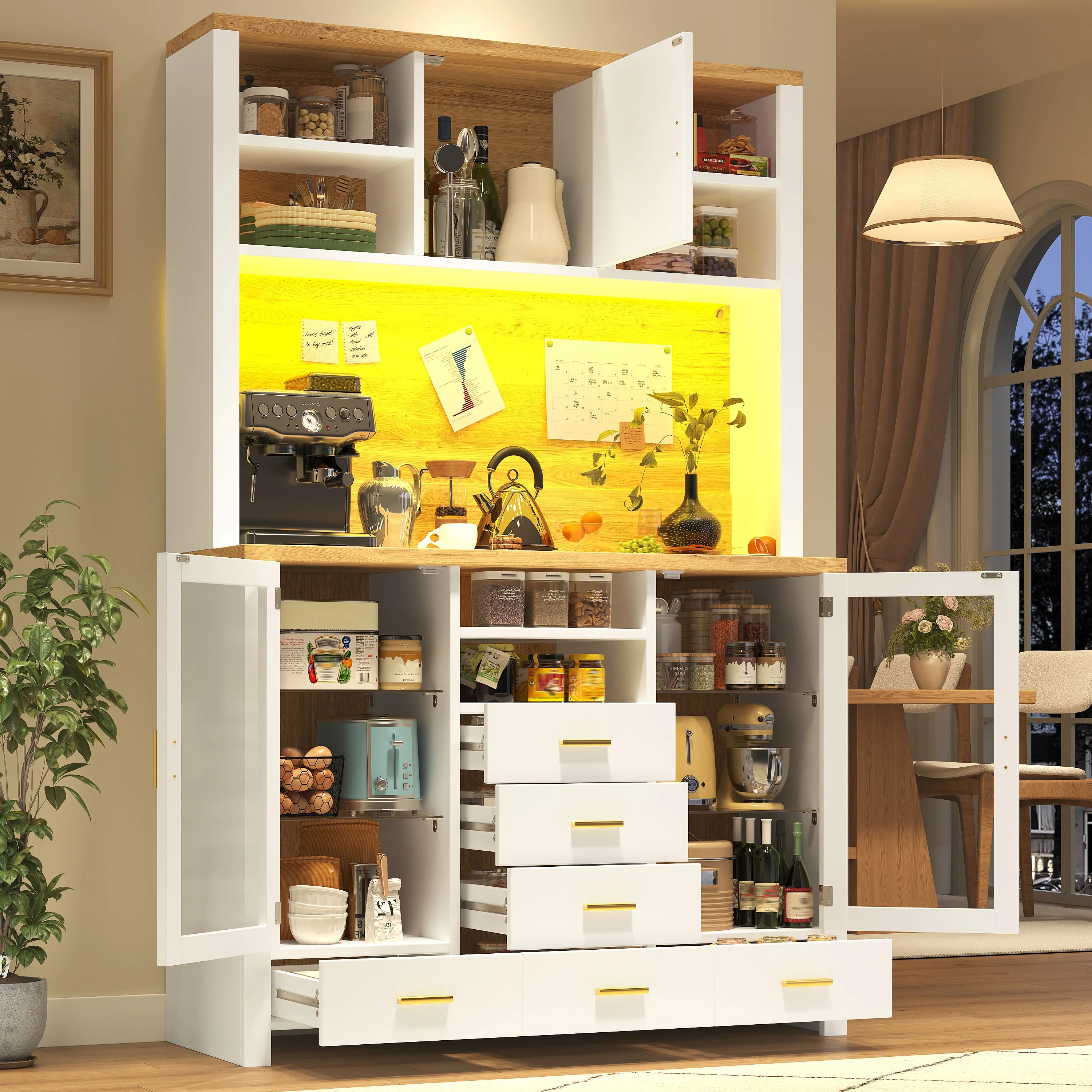 Buffet Sideboard Cabinet with LED Light Strip and Storage Drawers, 120x40x188cm, White and Wood Look - Image 3