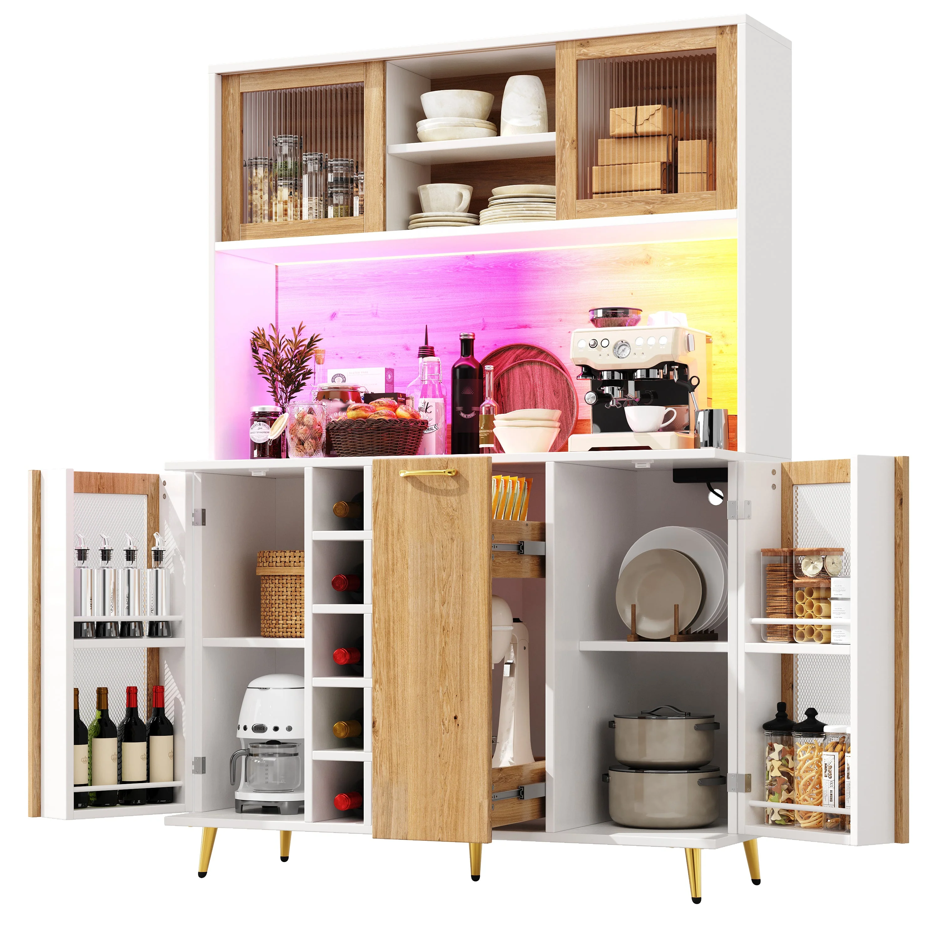 Buffet Sideboard Cabinet with LED Lighting, Wine Rack and Integrated Socket, White and Wood Look - Image 8