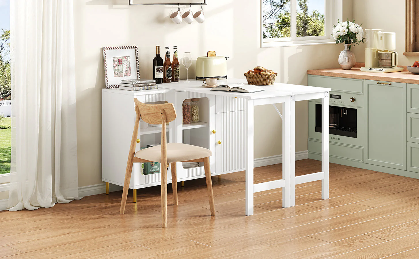 Buffet Sideboard Folding Extendable Top Rotating Glass Wave Doors - White - Image 10