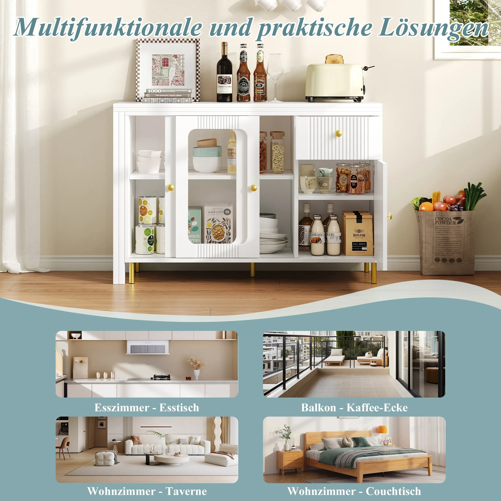 Buffet Sideboard Folding Extendable Top Rotating Glass Wave Doors - White - Image 2