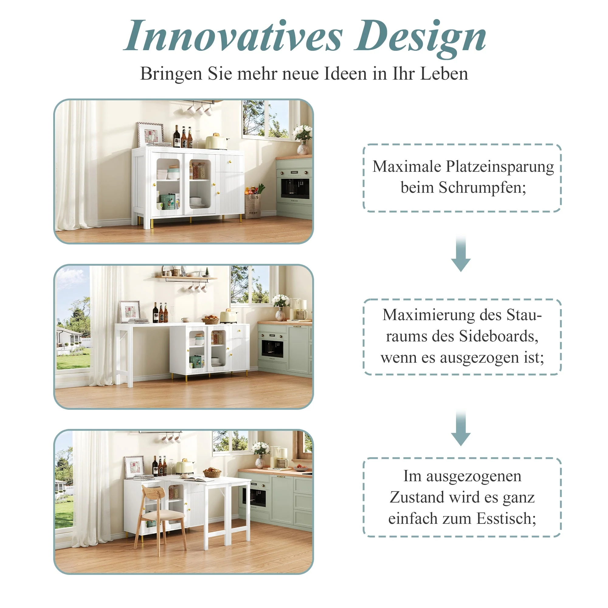 Buffet Sideboard Folding Extendable Top Rotating Glass Wave Doors - White - Image 4