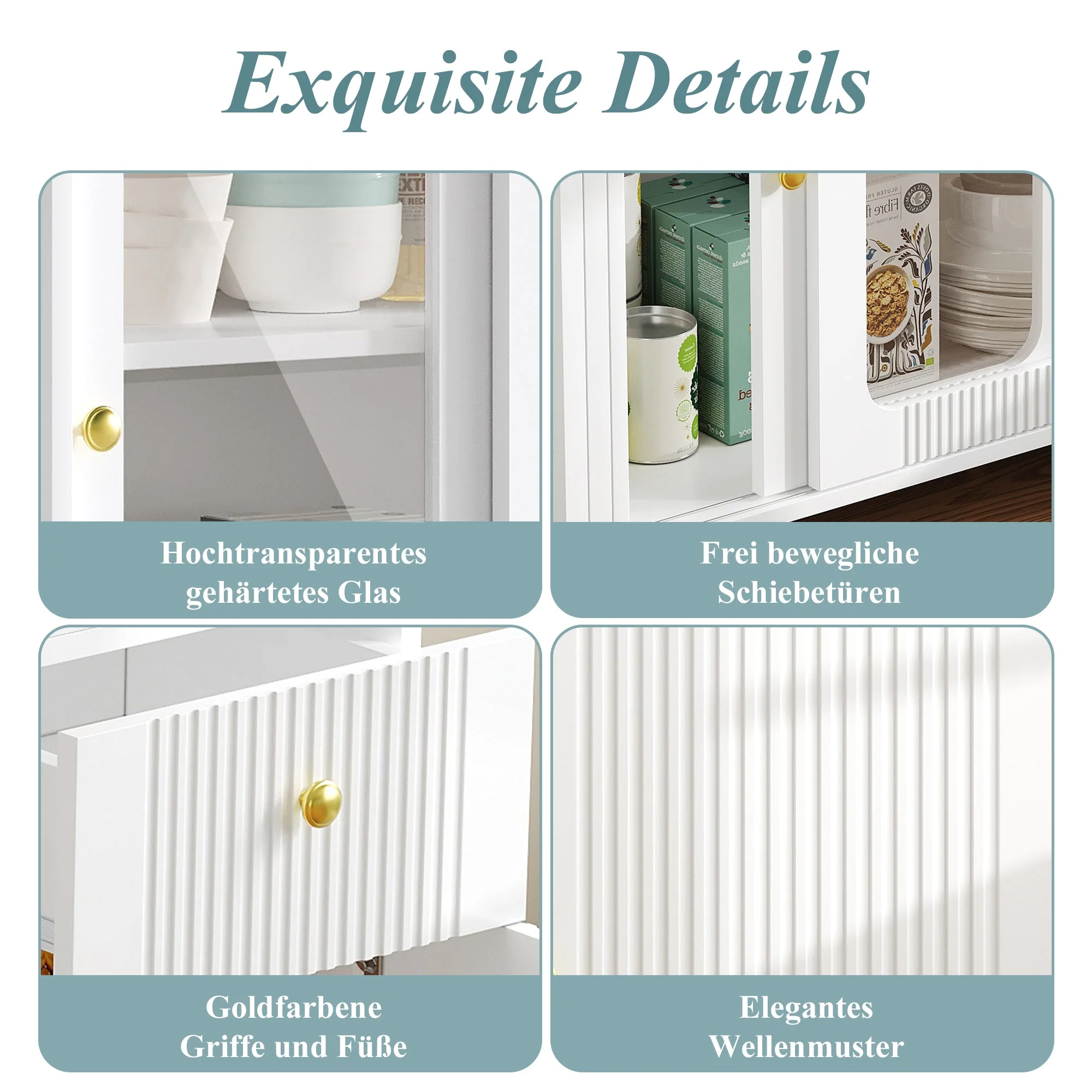 Buffet Sideboard Folding Extendable Top Rotating Glass Wave Doors - White - Image 5
