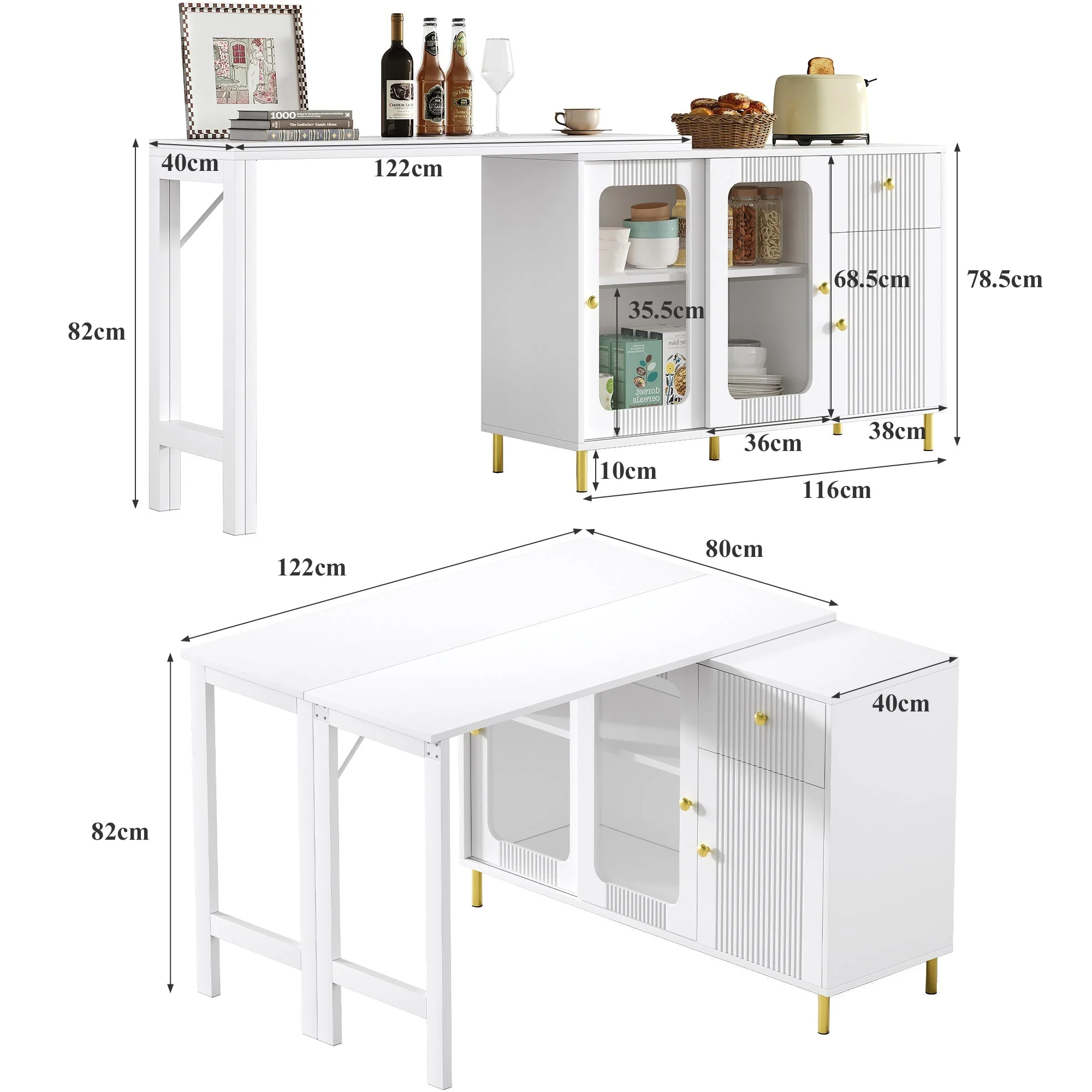 Buffet Sideboard Folding Extendable Top Rotating Glass Wave Doors - White - Image 6