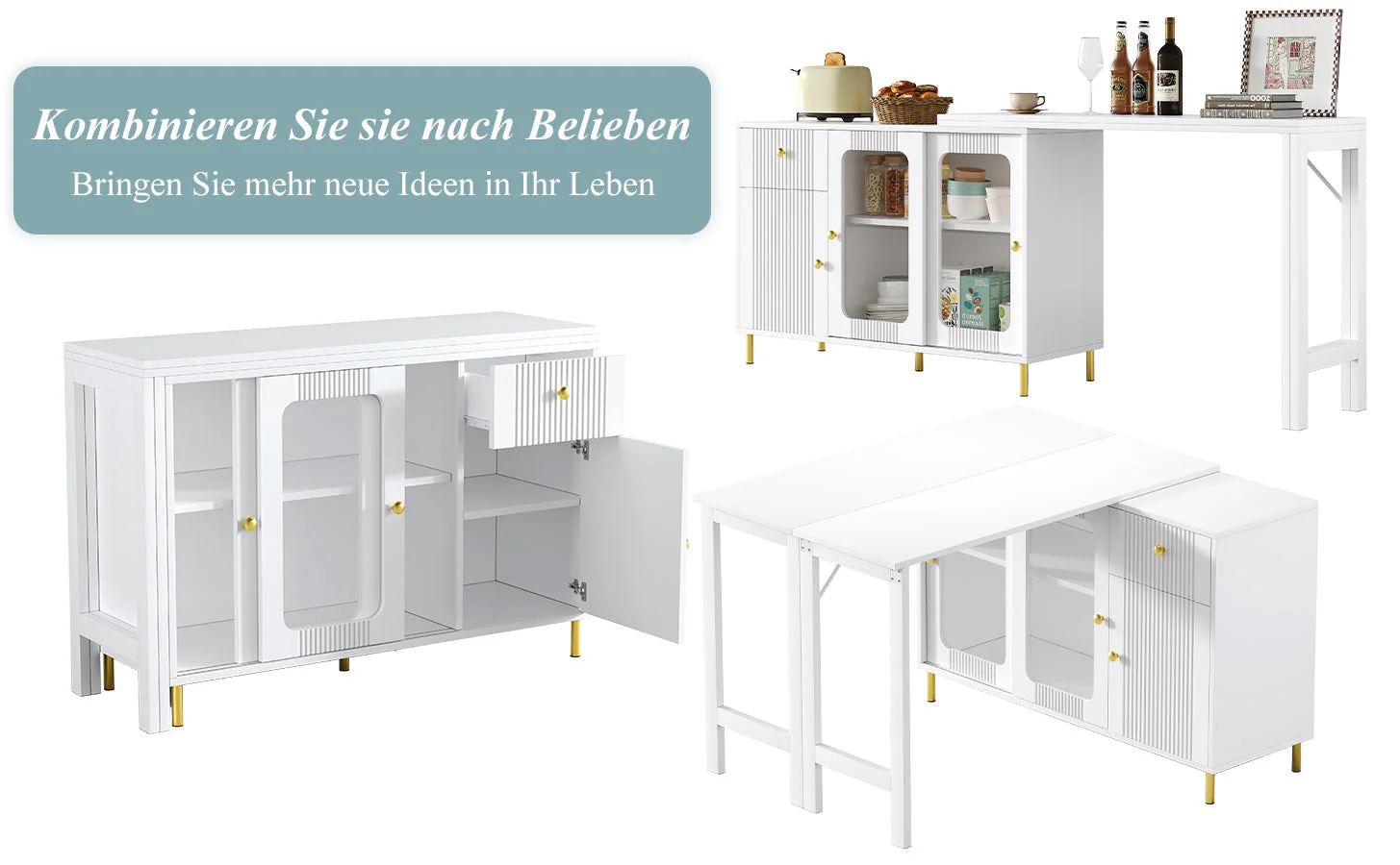Buffet Sideboard Folding Extendable Top Rotating Glass Wave Doors - White - Image 9