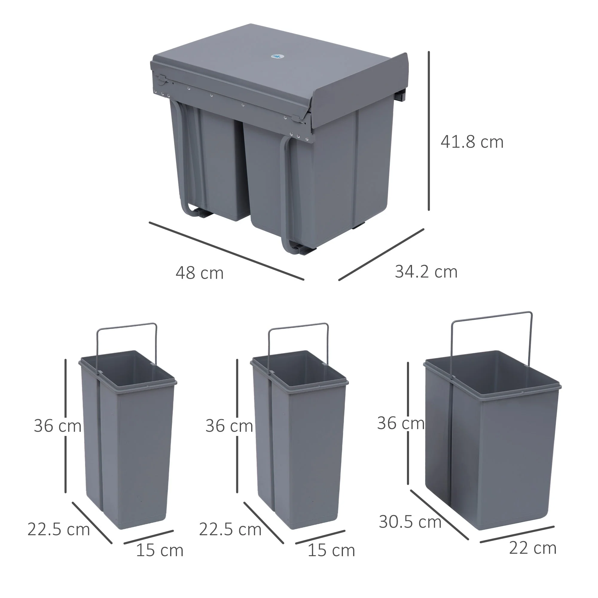 Built-in Waste Bin 40L Pull-Out 3 Compartments for 400mm Cabinets, Grey - Image 3