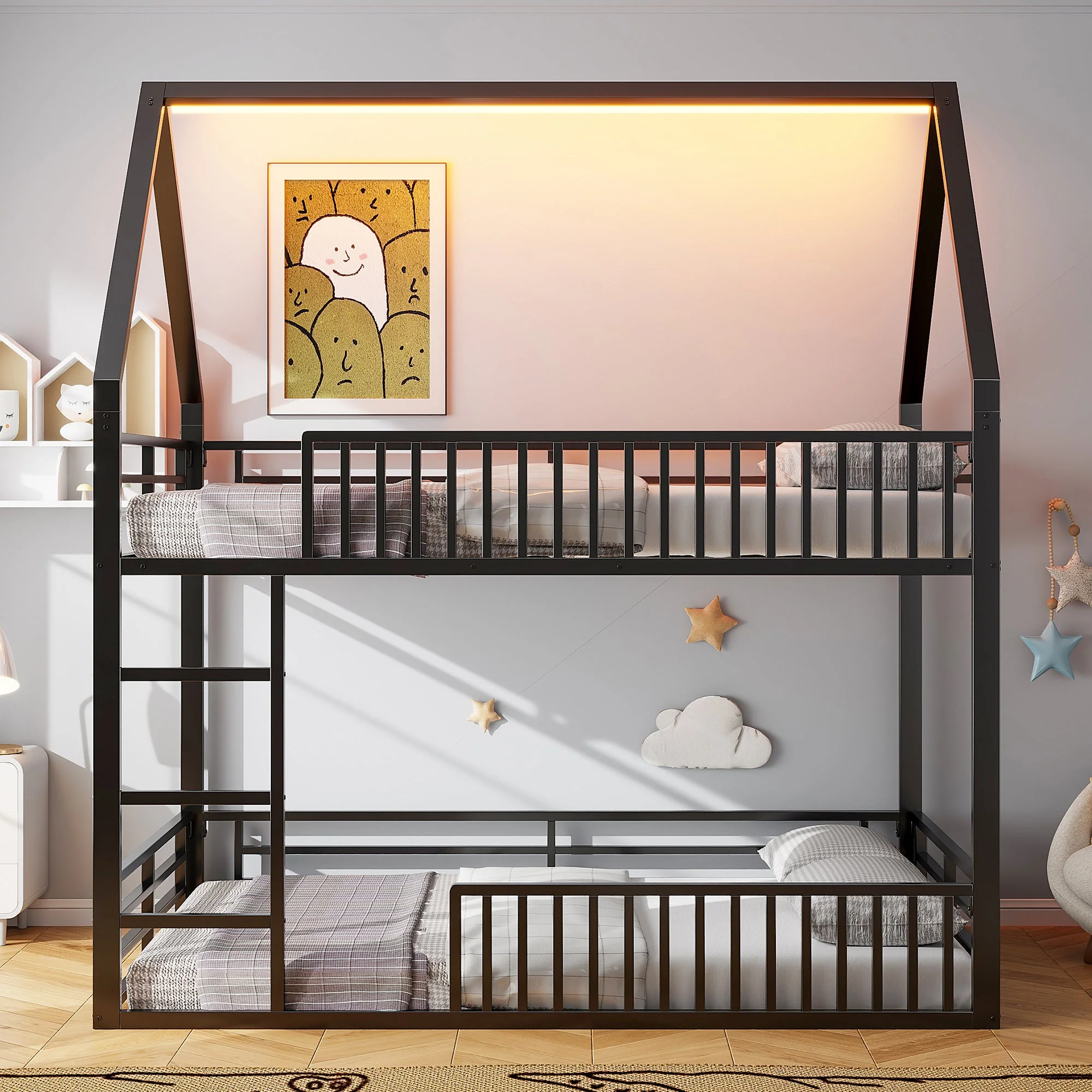 Bunk Bed 140x200 House Design Fence LED Light - Black - Image 3