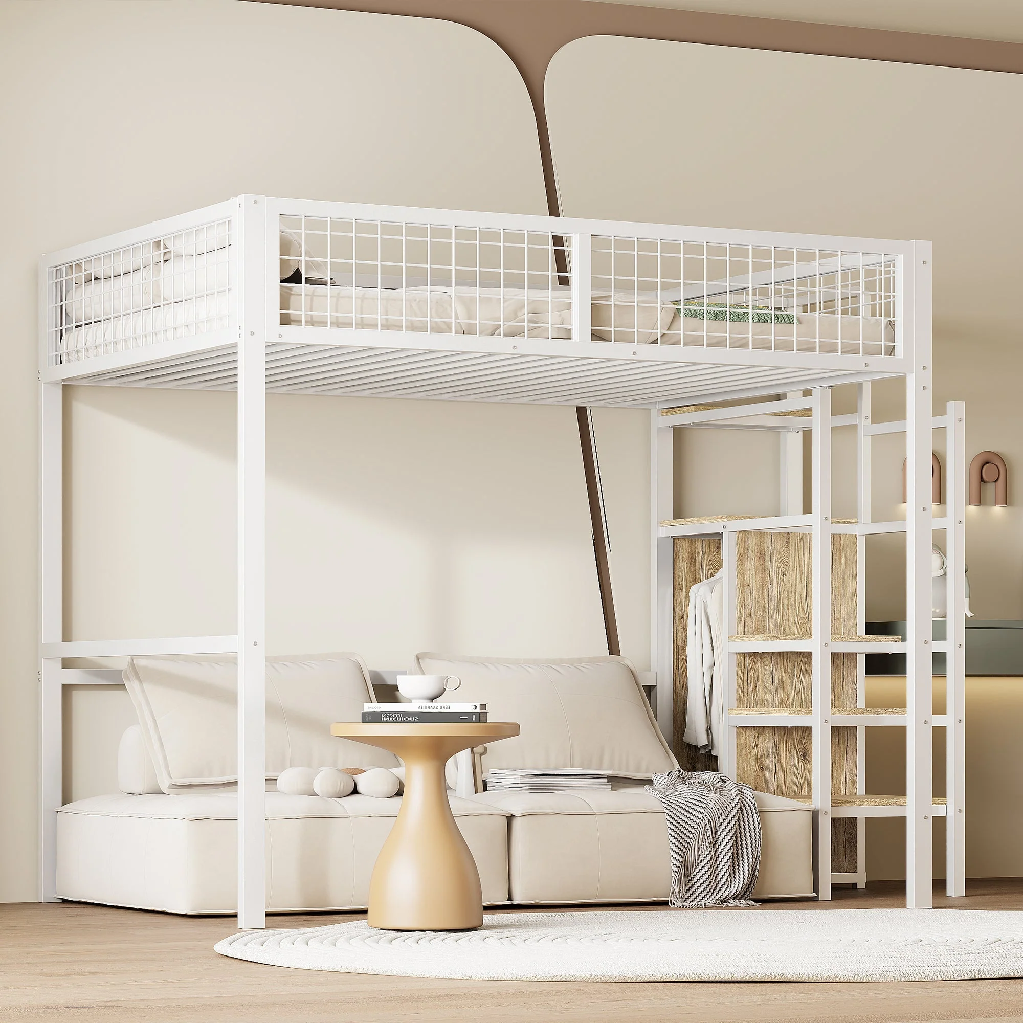 Bunk Bed 140x200 Ladder Storage Shelf Wardrobe Iron Frame White - Image 2