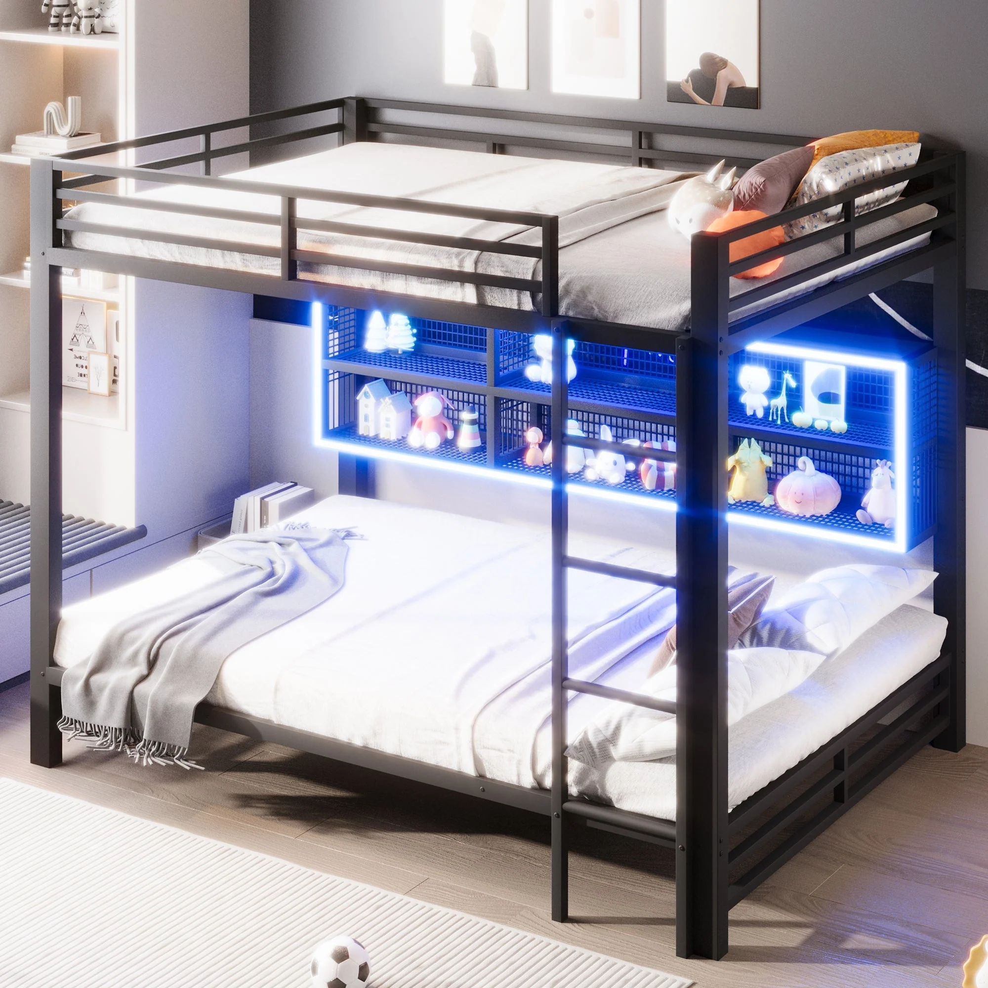 Bunk Bed 140x200 with Storage Cabinets LED Light Black - Image 2