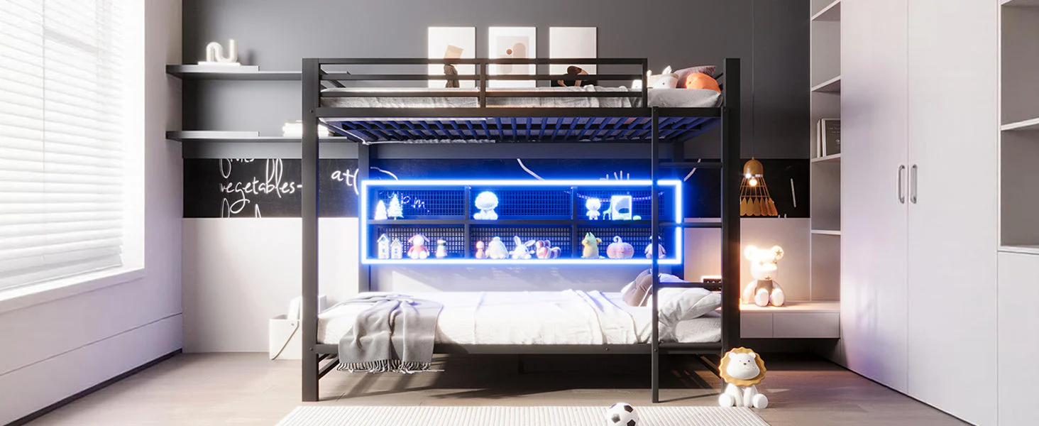Bunk Bed 140x200 with Storage Cabinets LED Light Black - Image 7
