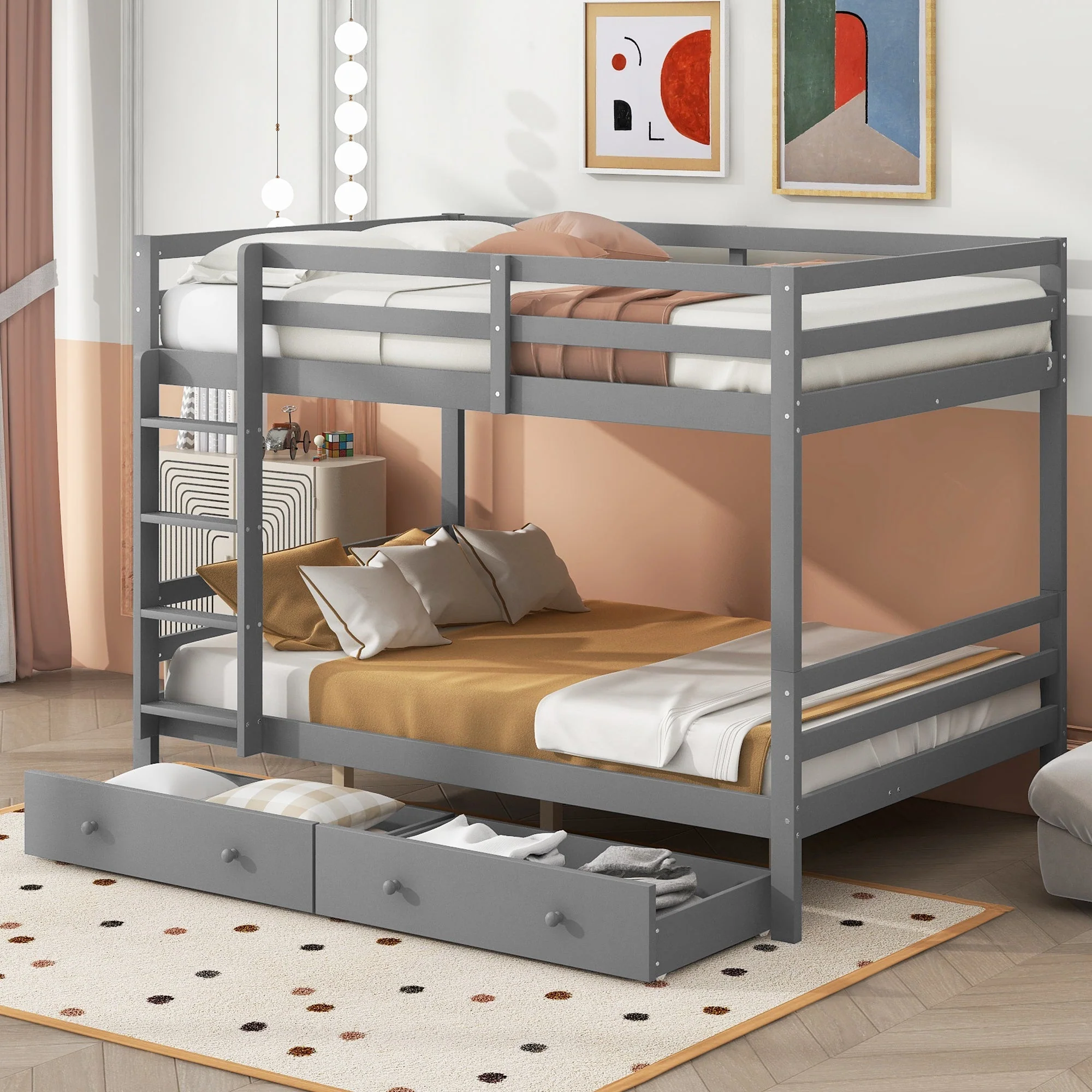 Bunk Bed 140x200cm Drawers Storage High Railings - Grey - Image 2