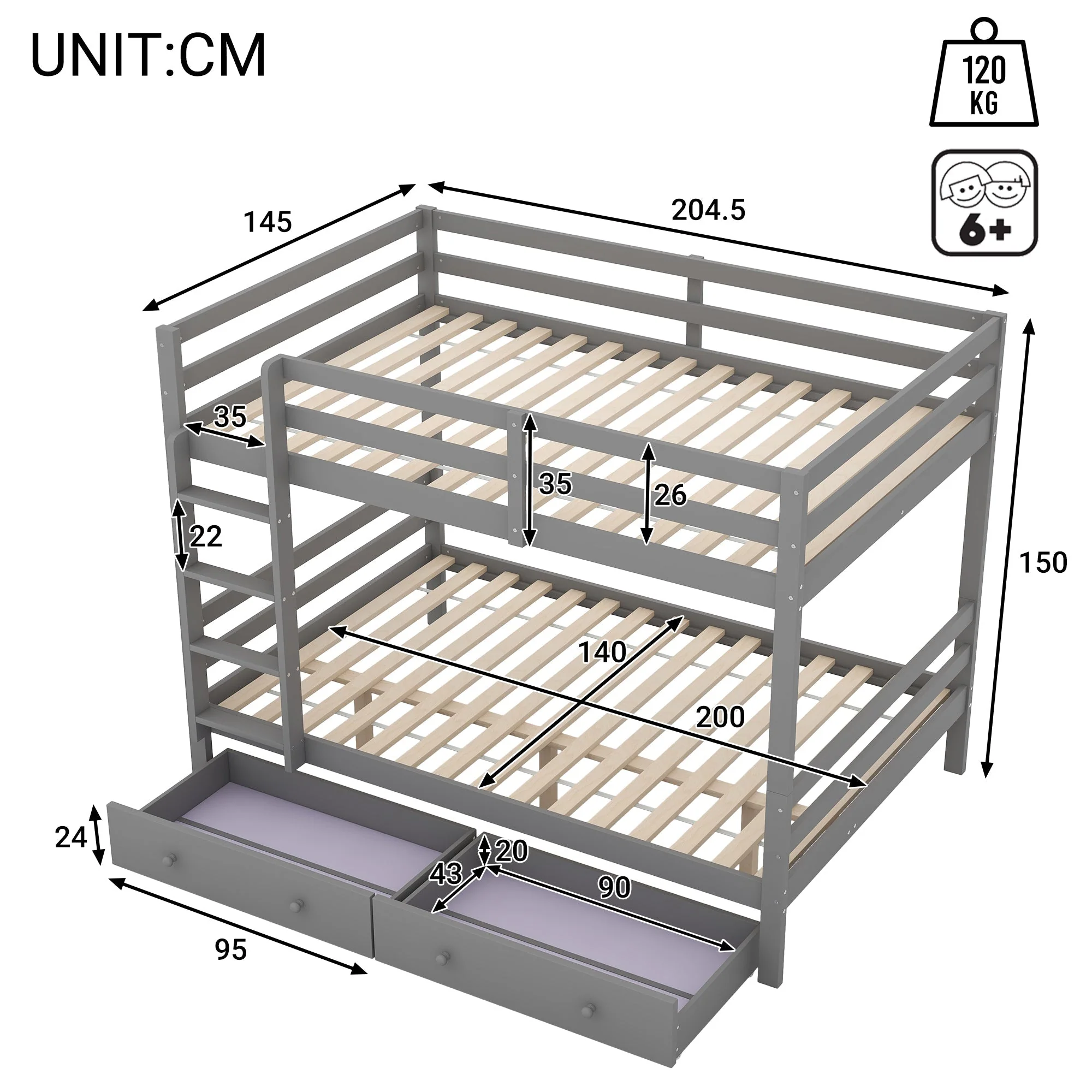 Bunk Bed 140x200cm Drawers Storage High Railings - Grey - Image 6
