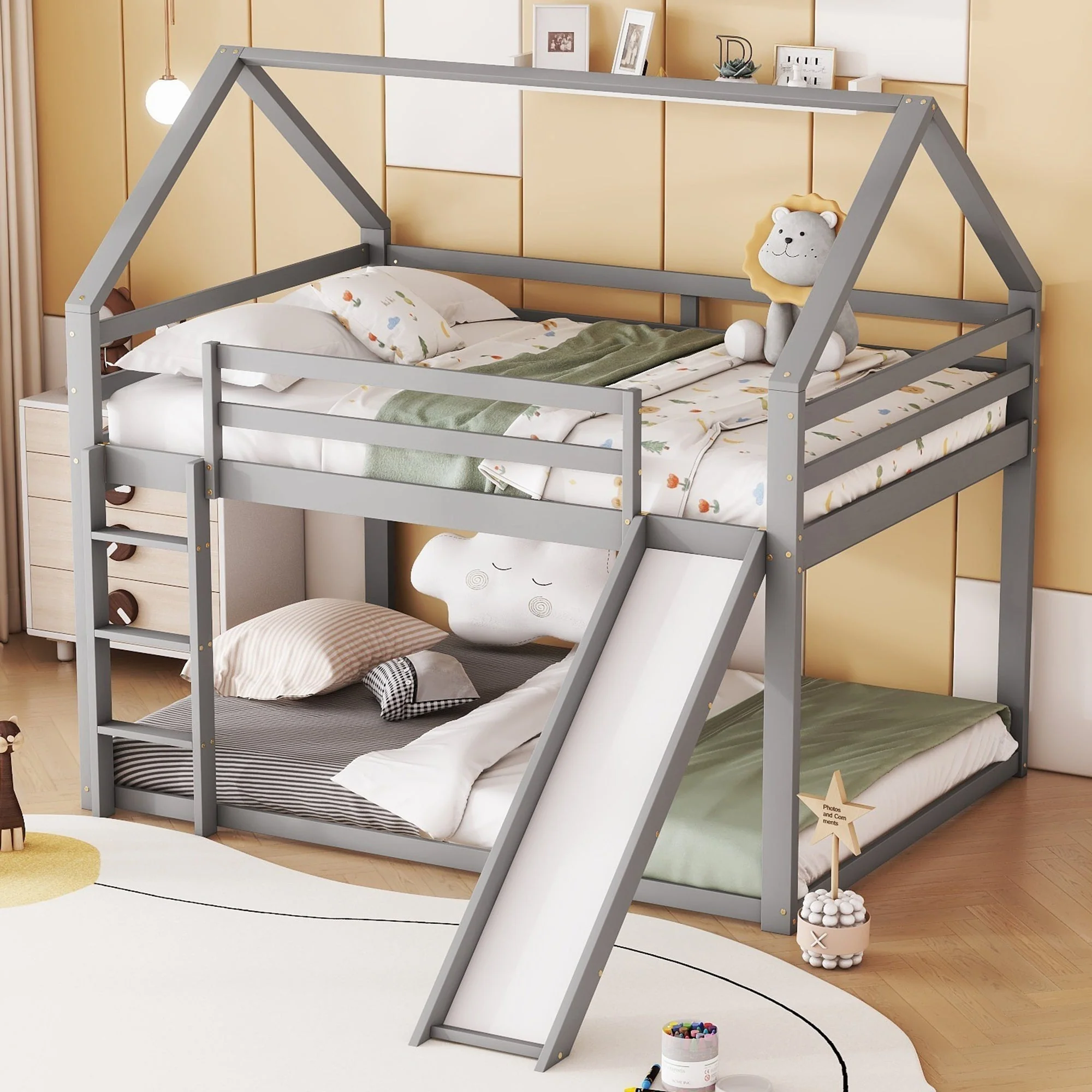 Bunk Bed 140x200cm House Bed Slide & Ladder - Grey - Image 3
