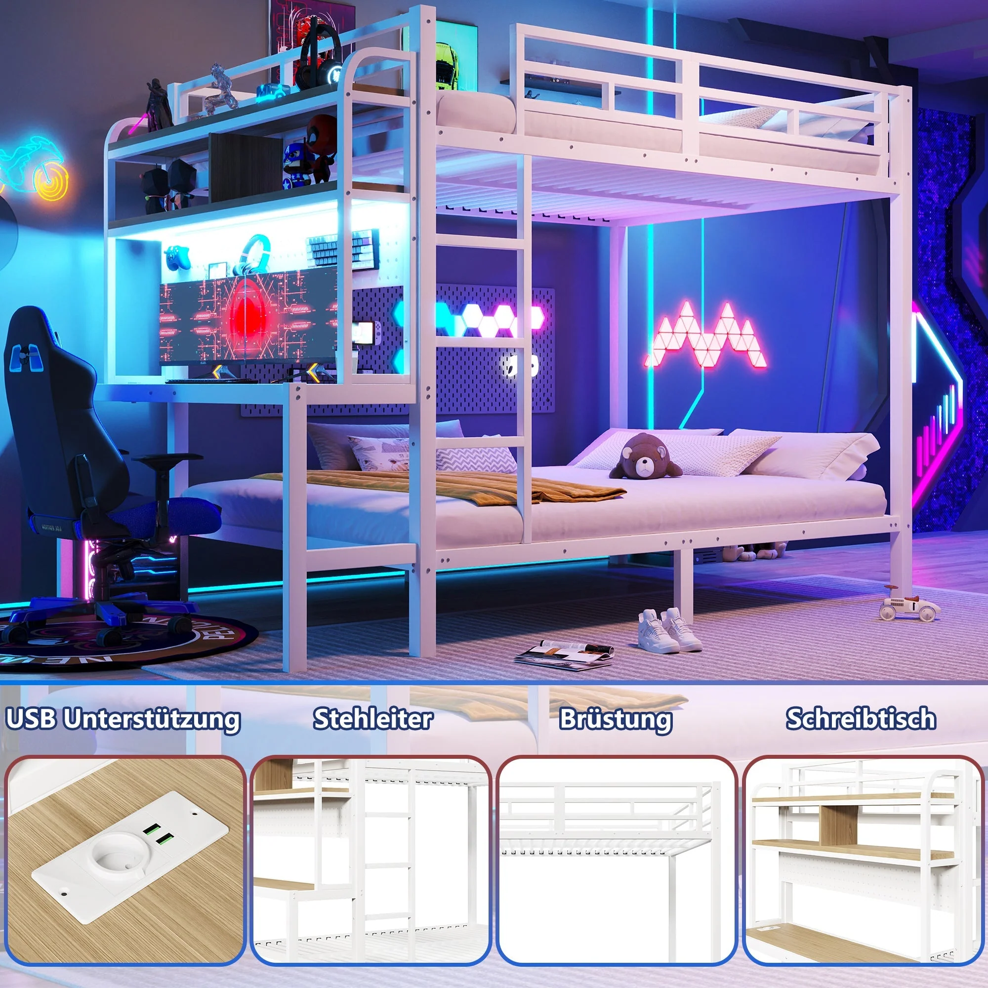 Bunk Bed 140x200cm Iron Frame Desk Storage LED Light USB White - Image 3