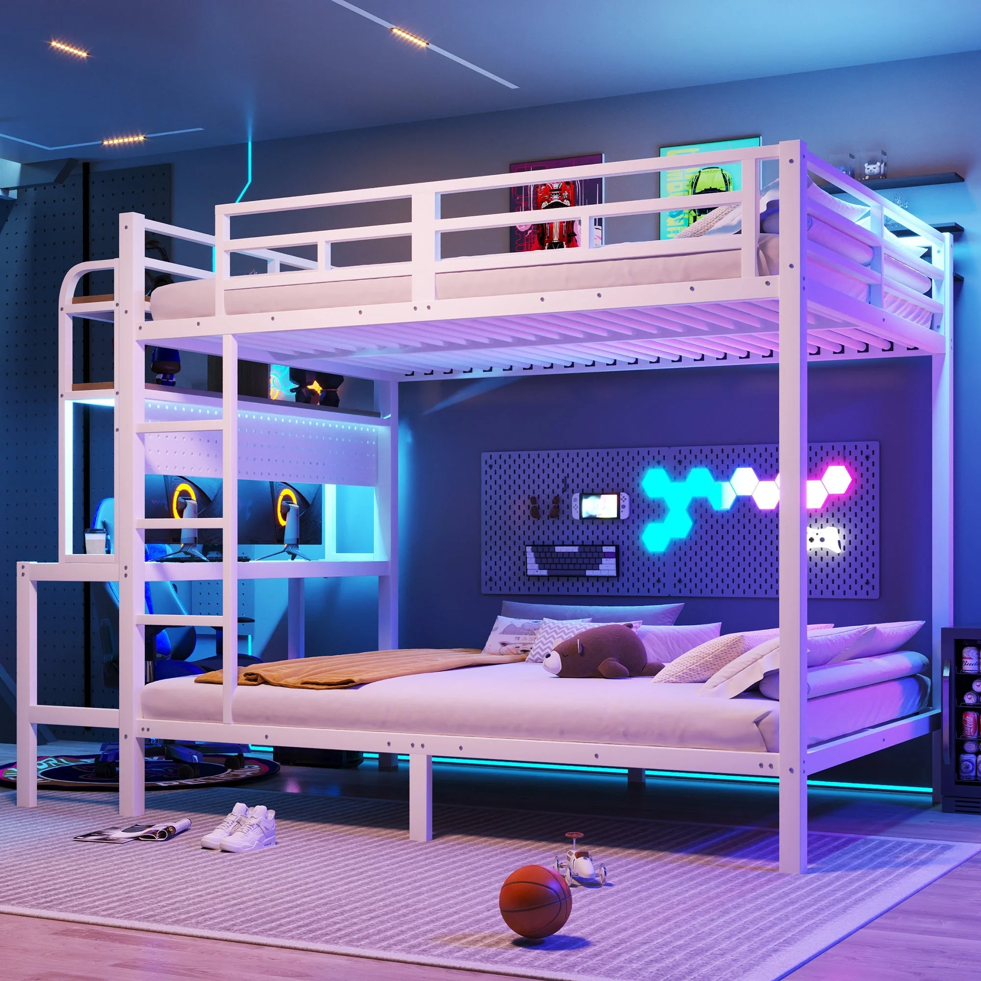 Bunk Bed 140x200cm Iron Frame Desk Storage LED Light USB White - Image 4