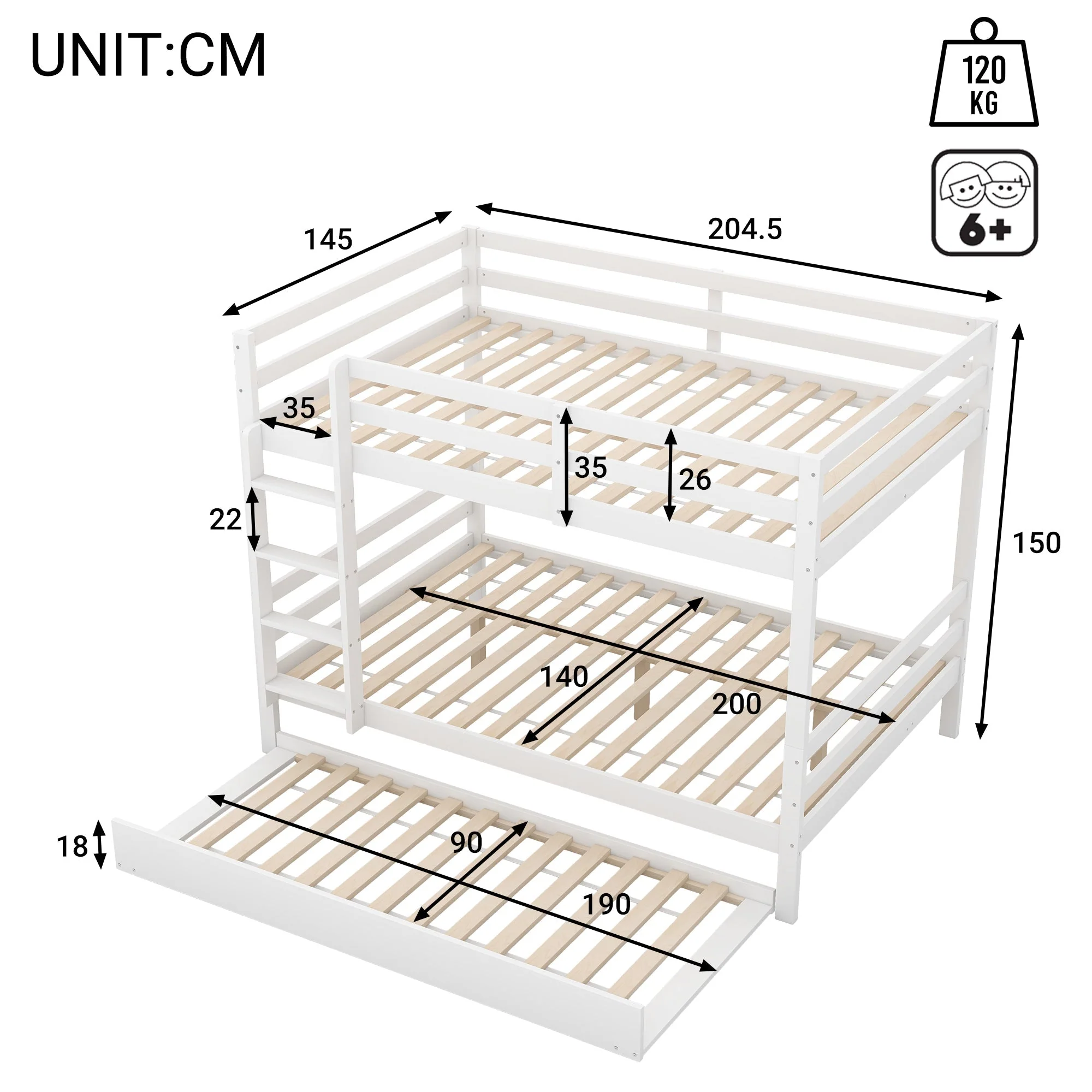 Bunk Bed 140x200cm Pull-Out Bed Sturdy Stairs - White - Image 6