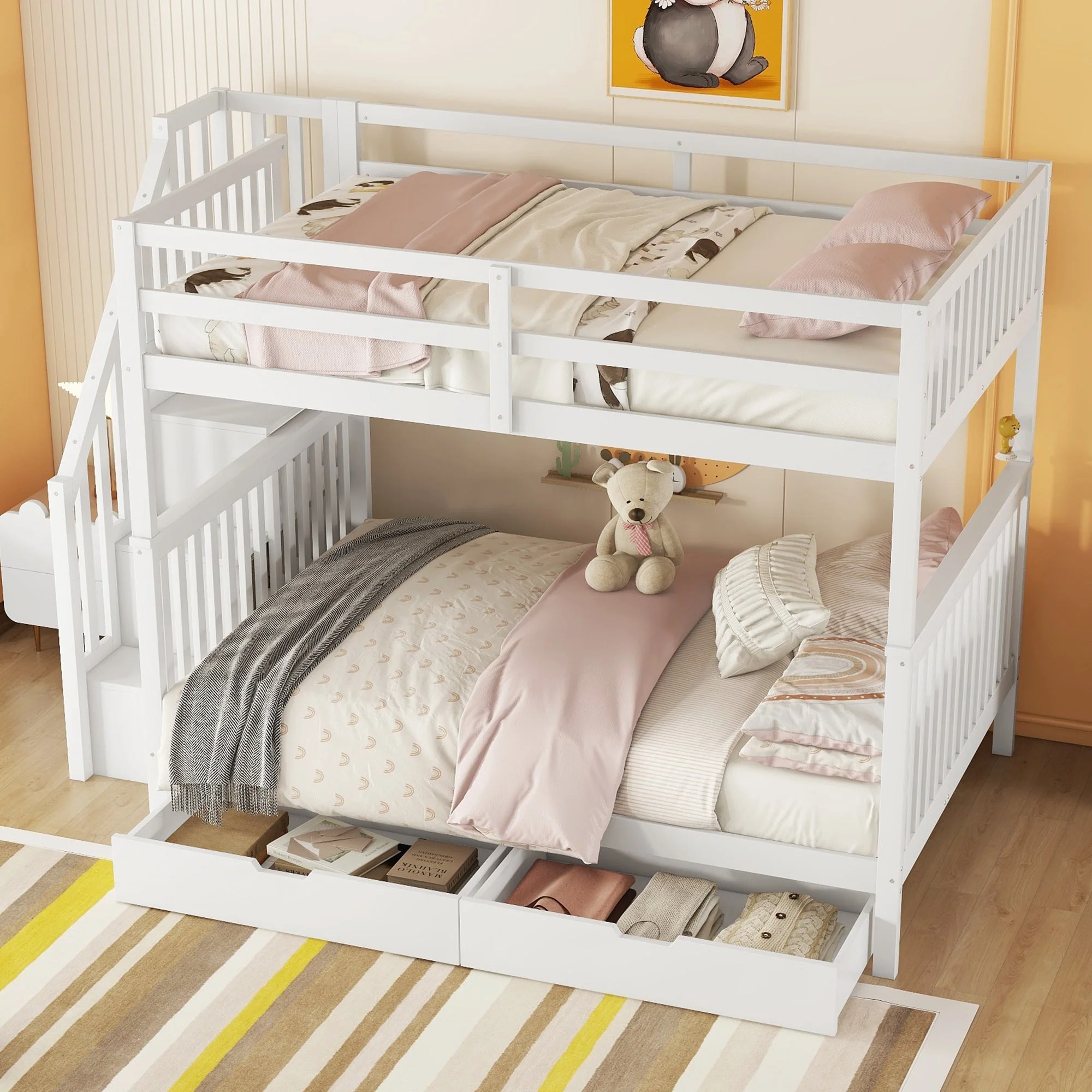 Bunk Bed 140x200cm Stair Storage 2 Drawers White - Image 3
