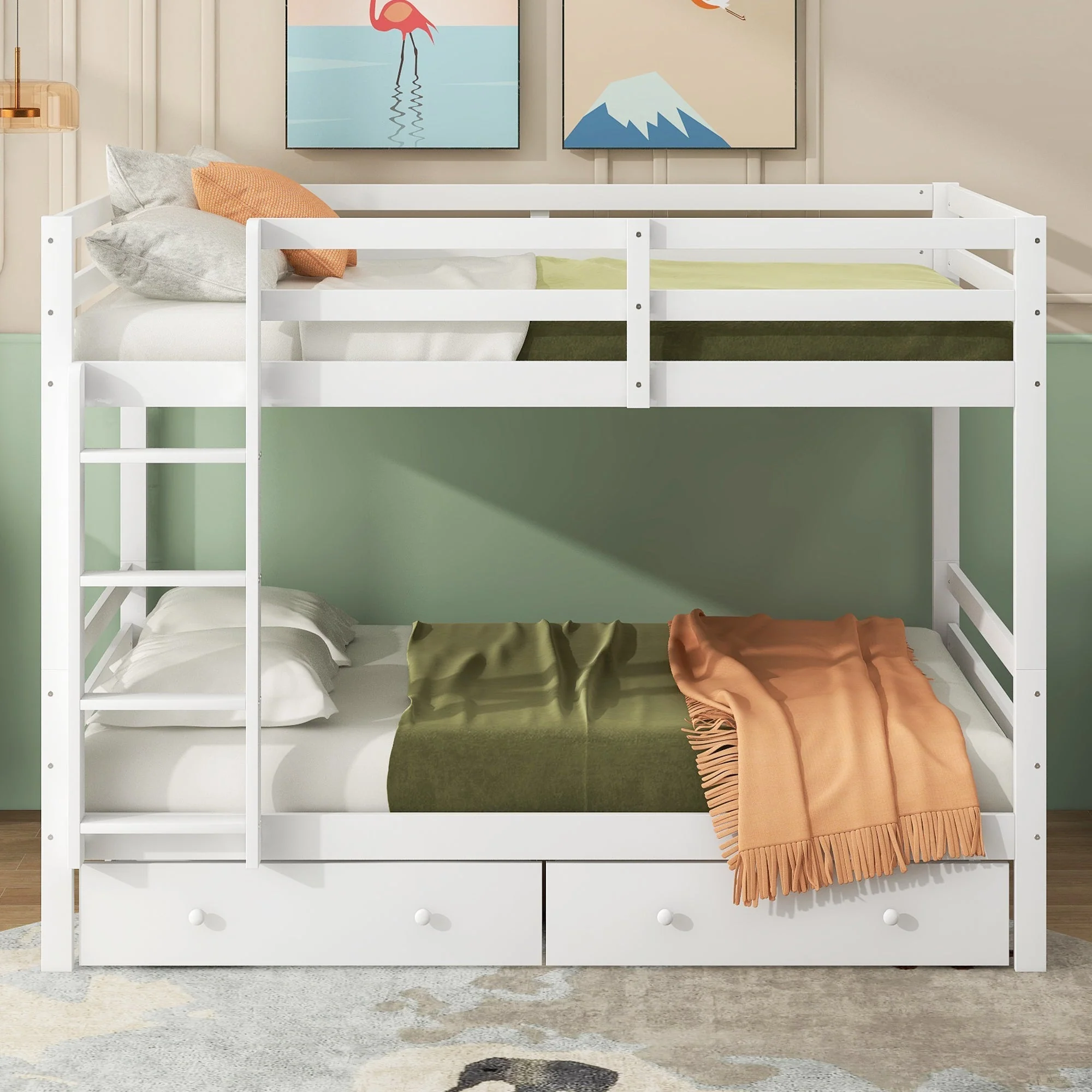 Bunk Bed 140x200cm with Drawers Storage & High Railings, White - Image 2
