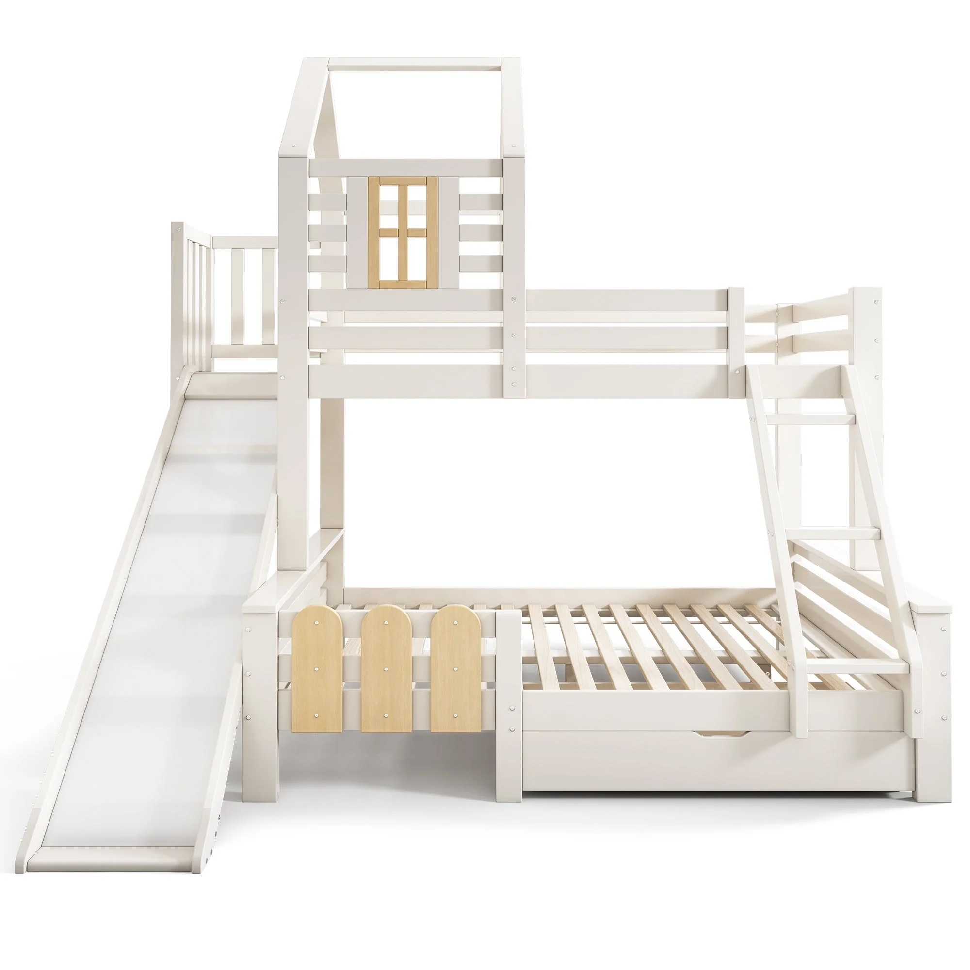 Bunk Bed, 90x200 & 140x200cm, House Loft with Drawer & Slide, Log Cabin Design - Image 6