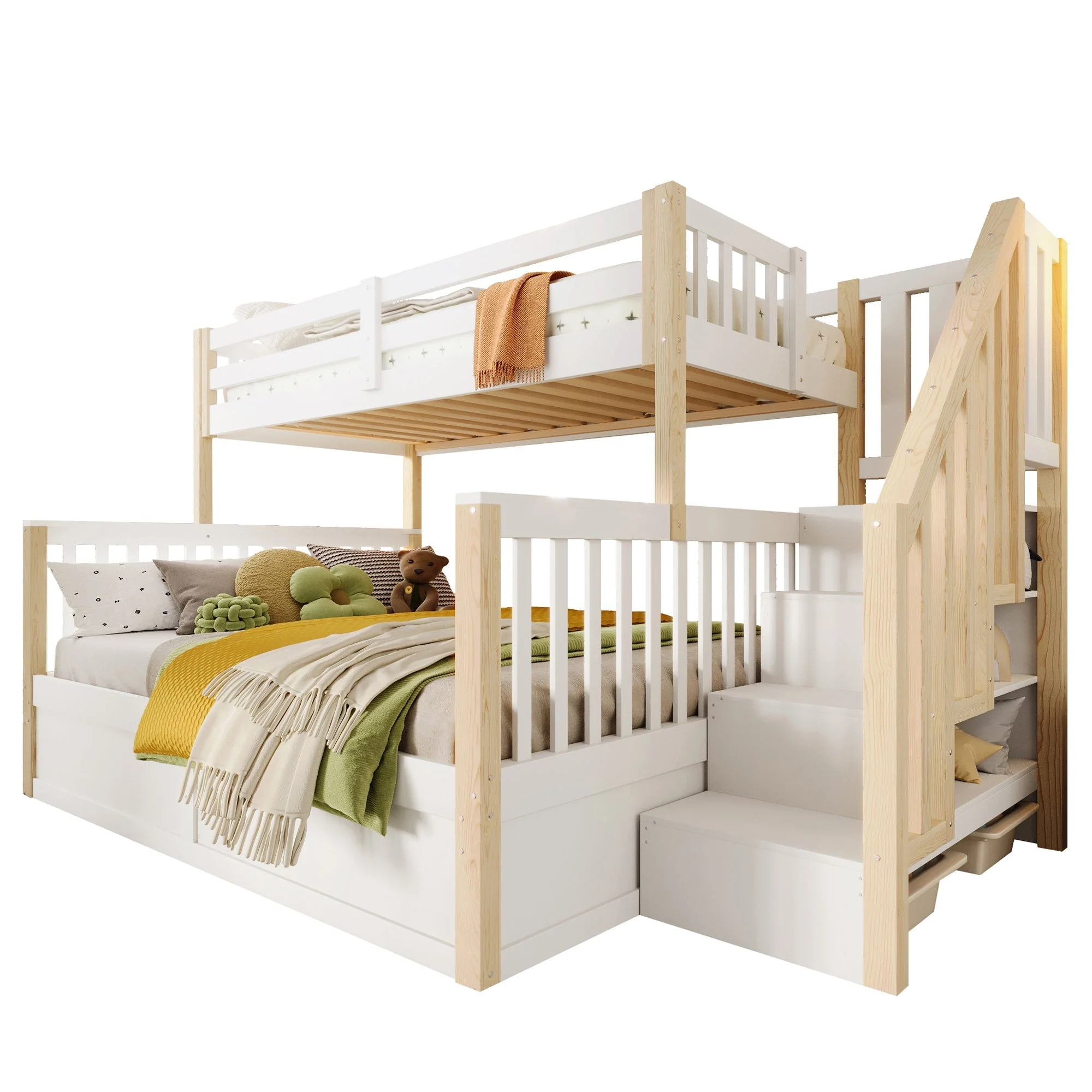 Bunk Bed 90x200/140x200cm Hydraulic Storage Ladder White/Natural - Image 10