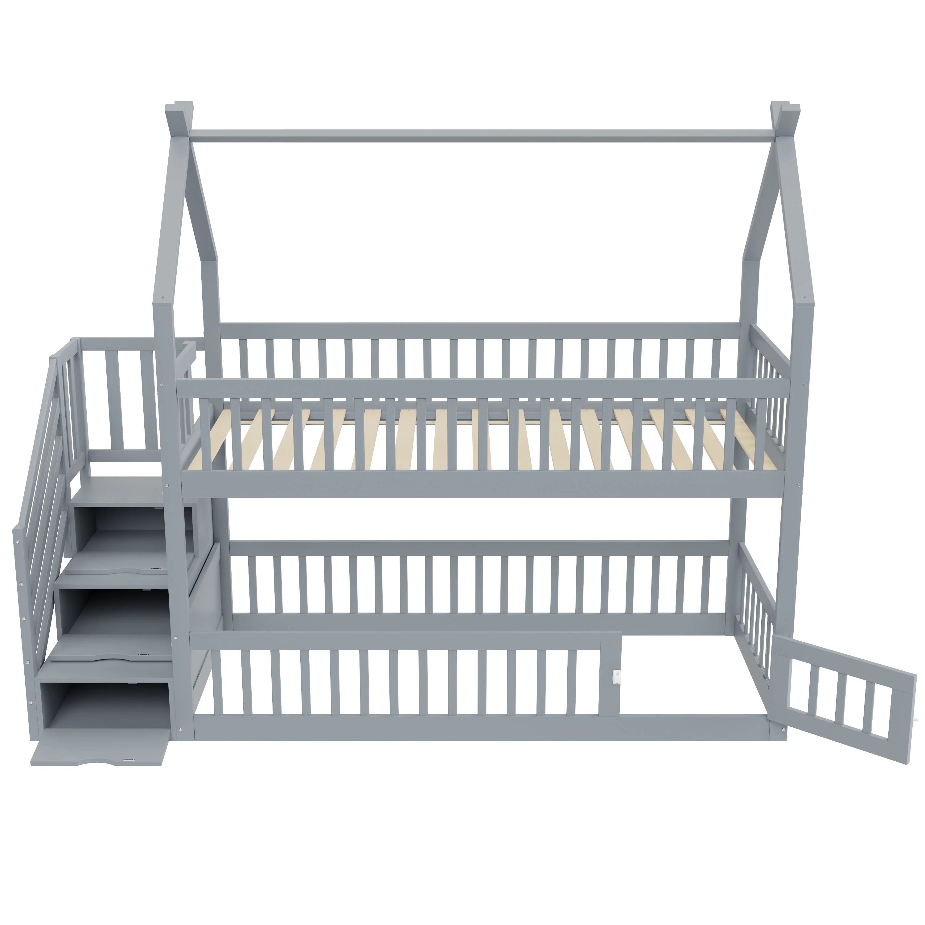 Bunk Bed, 90x200 Children's Single with Roof, Ladder & Storage Drawers, Solid Wood Gray - Image 10