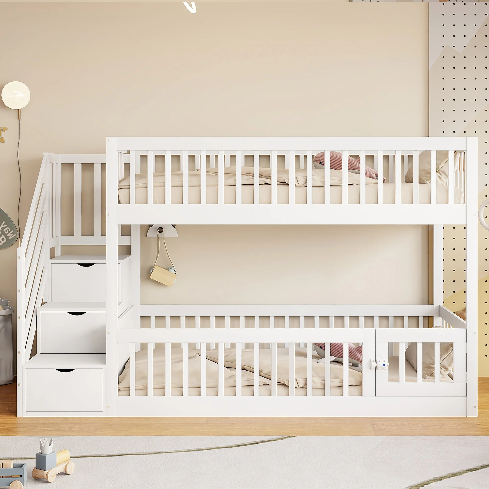 Bunk Bed 90x200 Safety Stairs Drawers Storage, White Wooden - Image 3