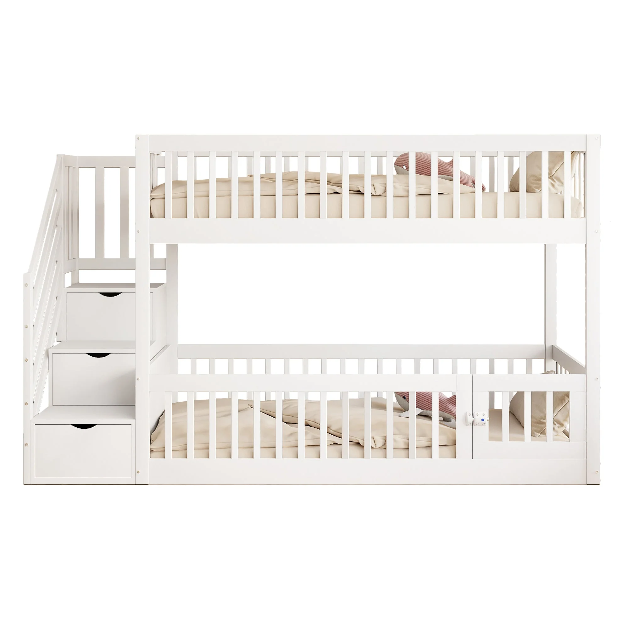 Bunk Bed 90x200 Safety Stairs Drawers Storage, White Wooden - Image 4