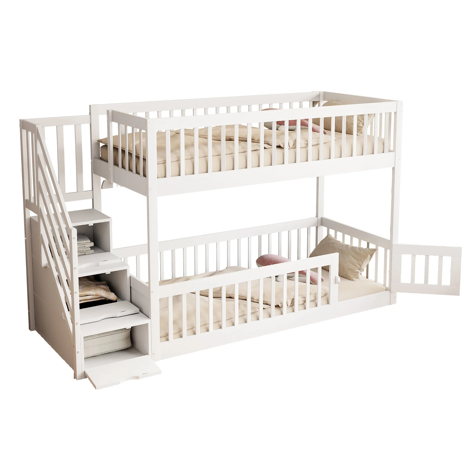 Bunk Bed 90x200 Safety Stairs Drawers Storage, White Wooden - Image 5