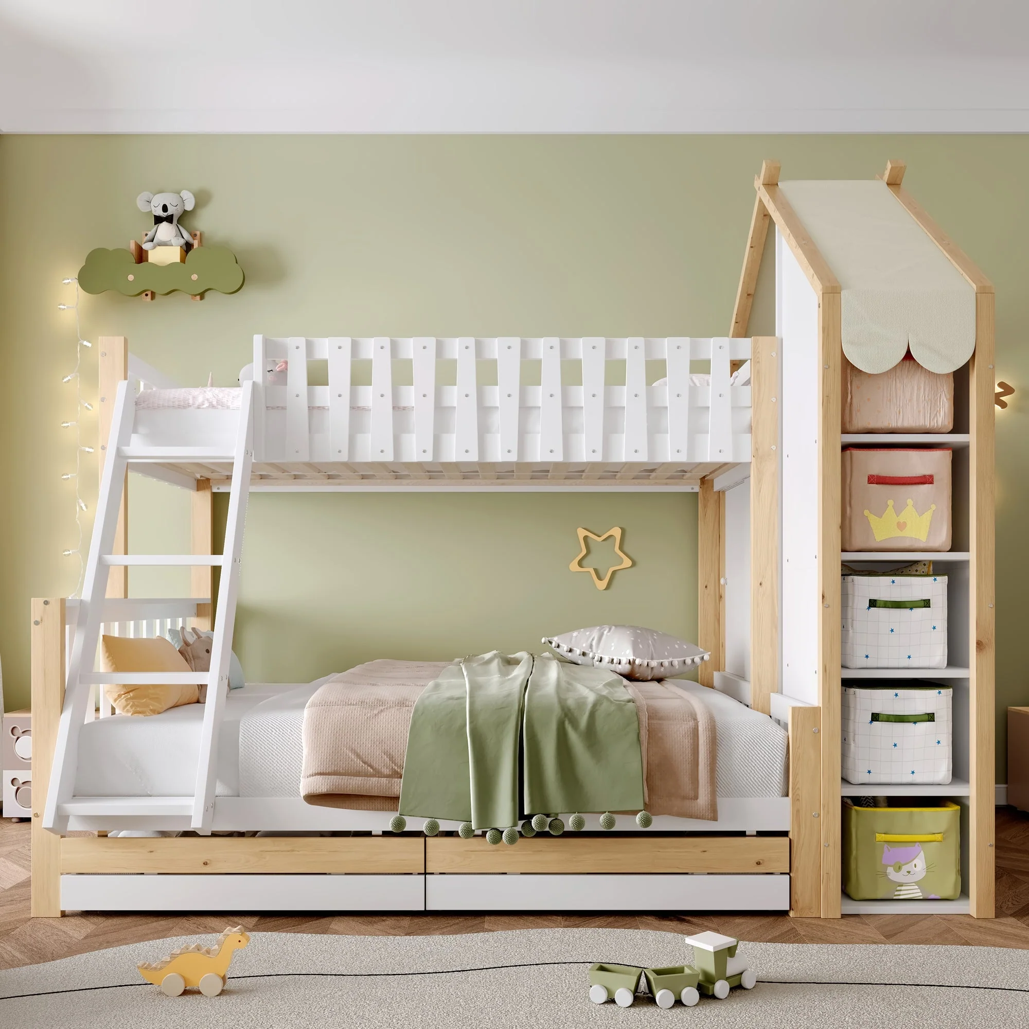 Bunk Bed 90x200cm/140x200cm, House Rail, Ladder, 2 Drawers, White + Natural Wood - Image 3