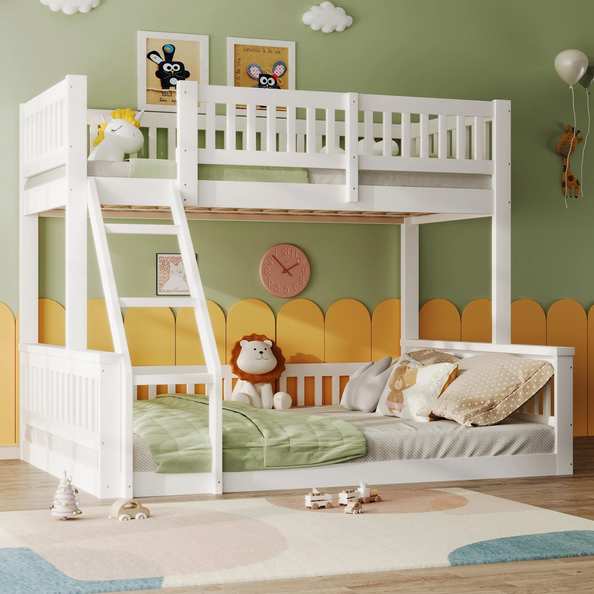 Bunk Bed 90x200cm/140x200cm Mixed Size with Ladder & Rail White - Image 4