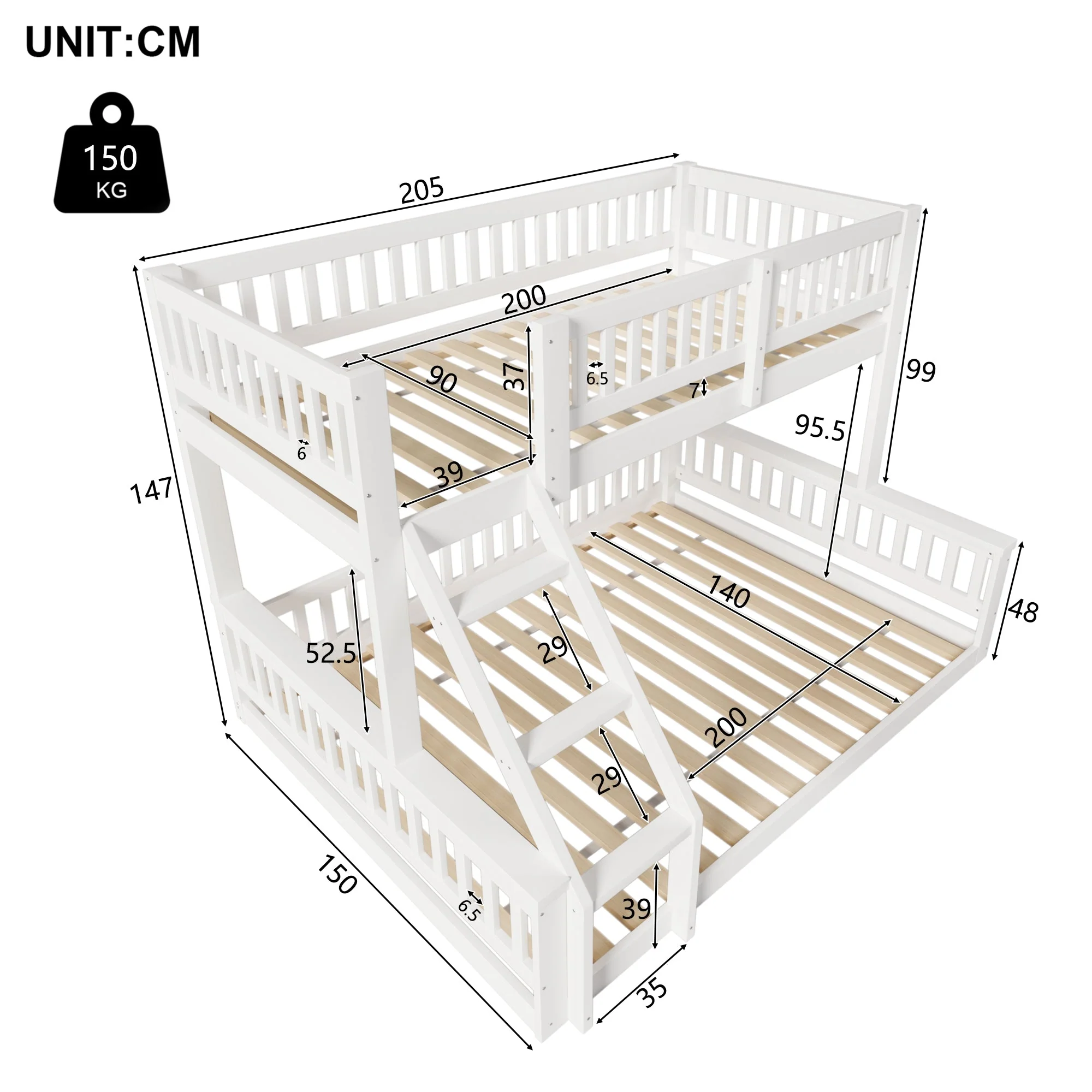 Bunk Bed 90x200cm/140x200cm Mixed Size with Ladder & Rail White - Image 5