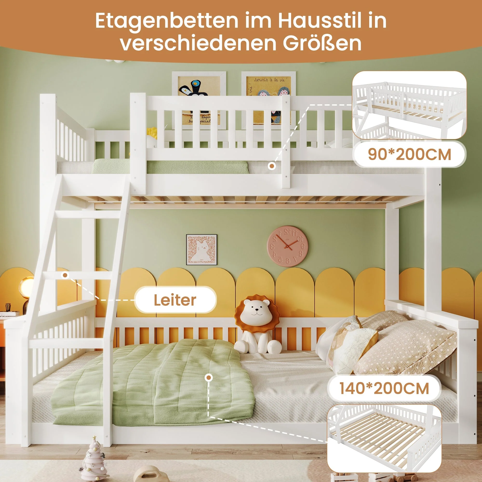 Bunk Bed 90x200cm/140x200cm Mixed Size with Ladder & Rail White - Image 6