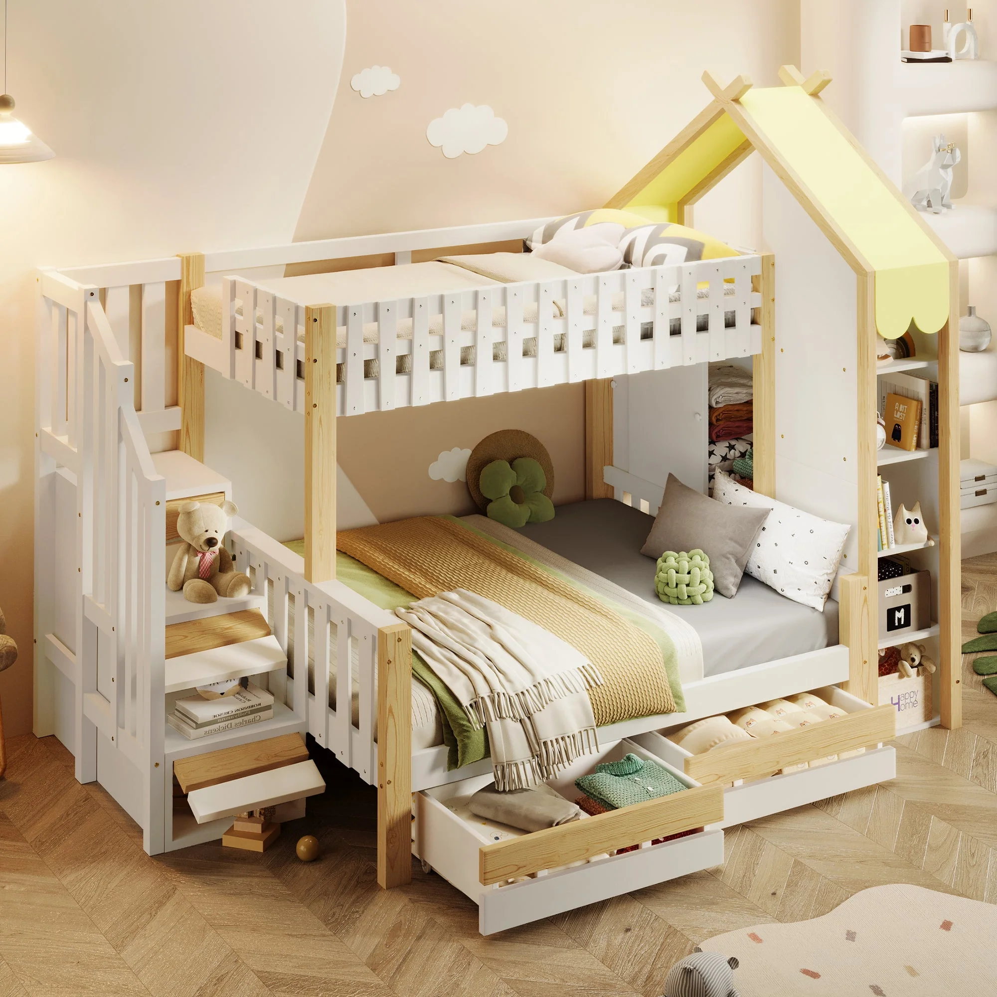 Bunk Bed, 90x200cm + 140x200cm, Storage Ladder, 2 Drawers, White + Natural - Image 4