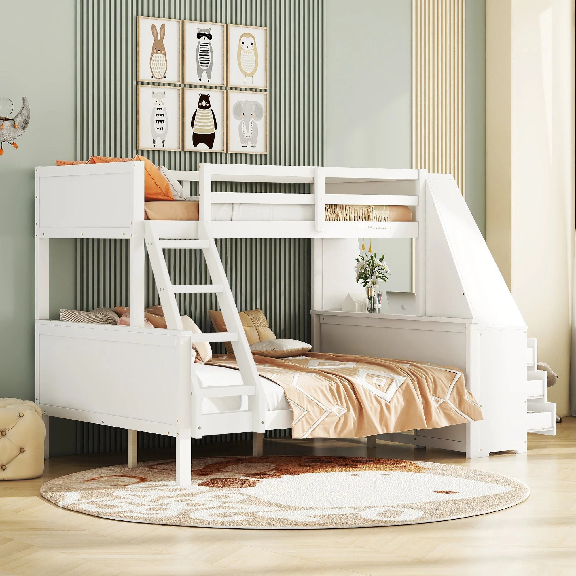 Bunk Bed 90x200cm/140x200cm Table Storage High Railing - White - Image 6