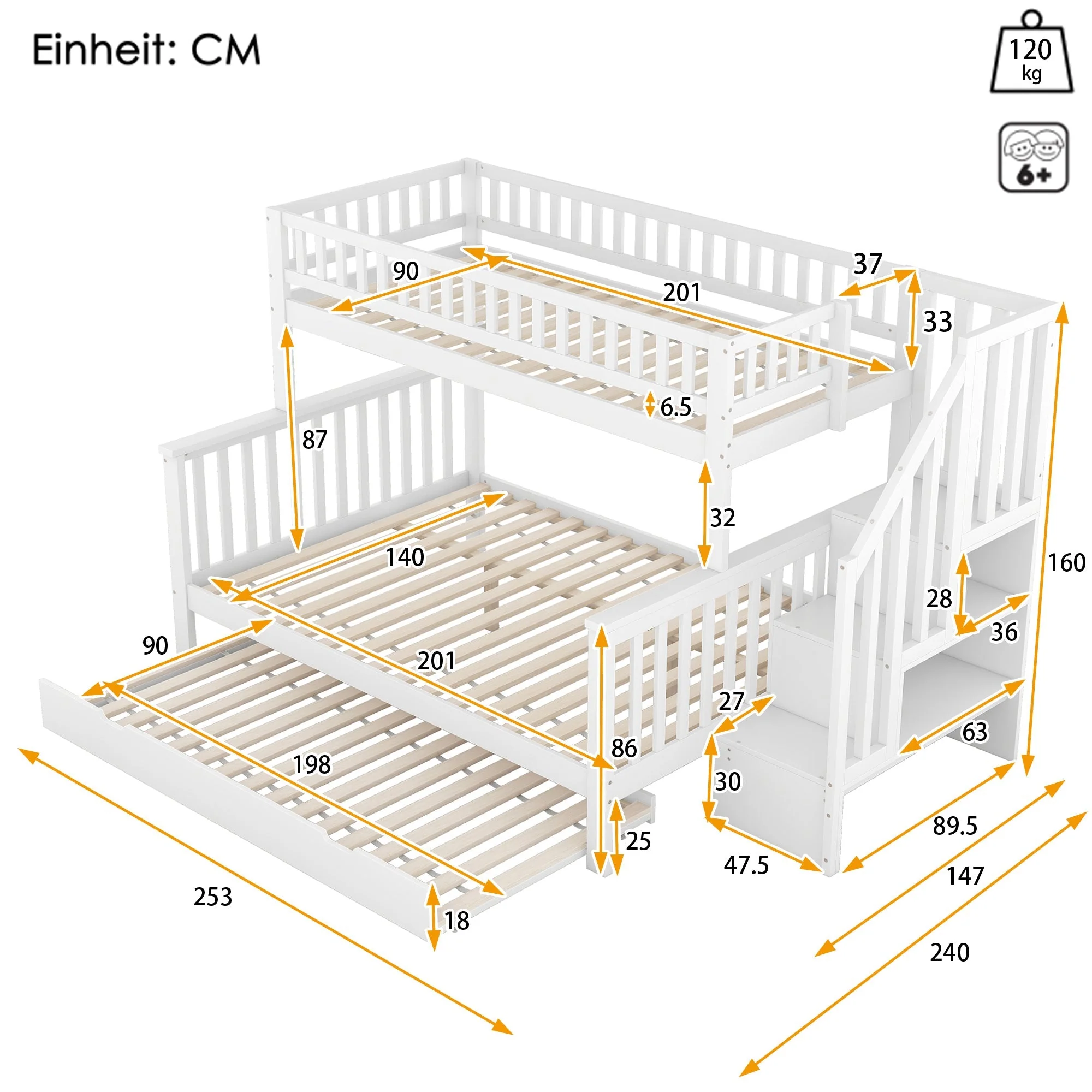 Bunk Bed 90x200cm/140x200cm with Stairs & Rolling Container, Pine Wood White - Image 10