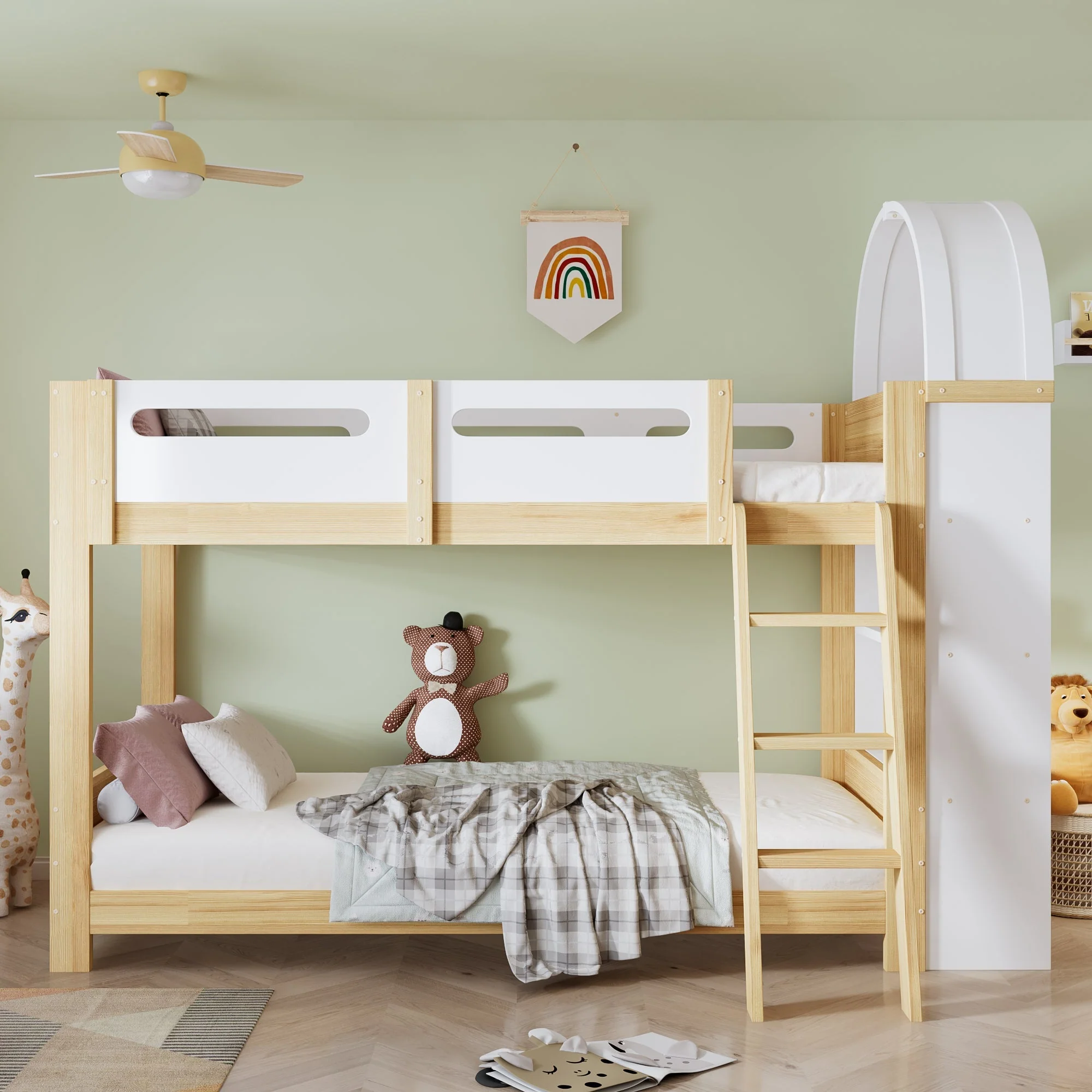 Bunk Bed 90x200cm 3-Tier Shelf Ladder Slatted Base - White/Natural Pine - Image 2