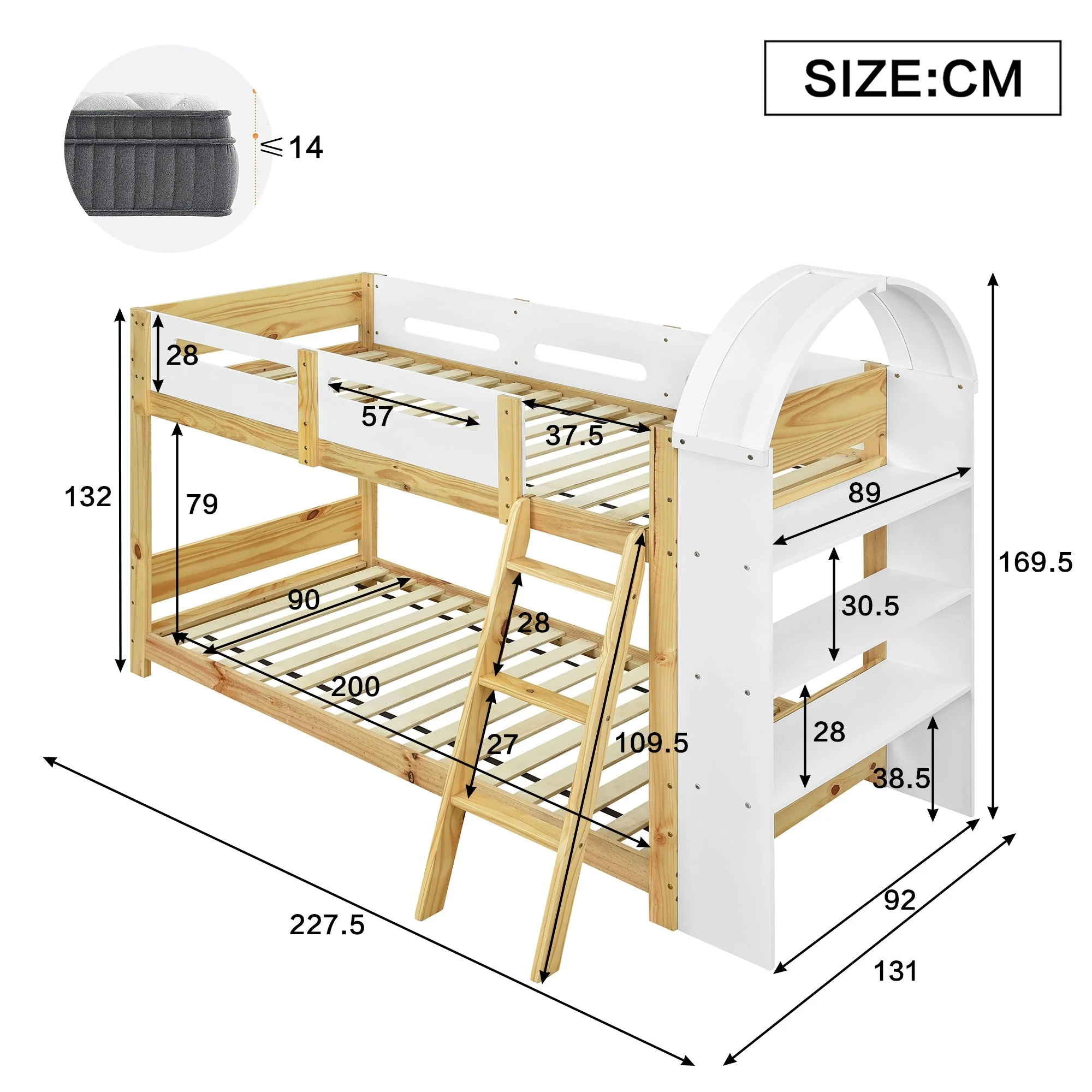 Bunk Bed 90x200cm 3-Tier Shelf Ladder Slatted Base - White/Natural Pine - Image 4