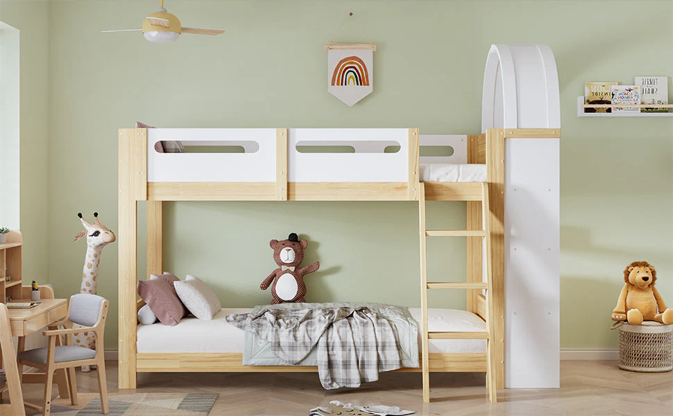 Bunk Bed 90x200cm 3-Tier Shelf Ladder Slatted Base - White/Natural Pine - Image 9
