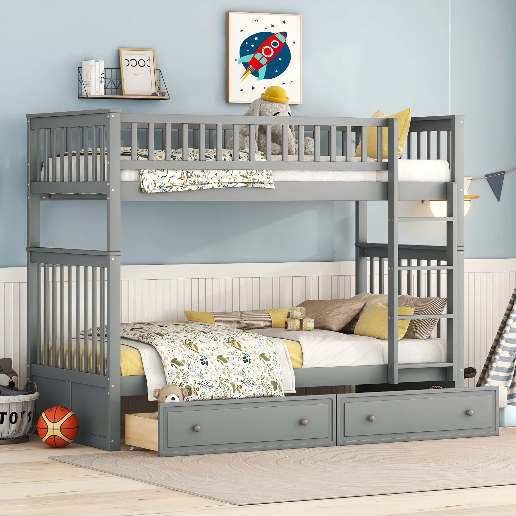 Bunk Bed 90x200cm Convertible Functional with Drawers - Grey - Image 2