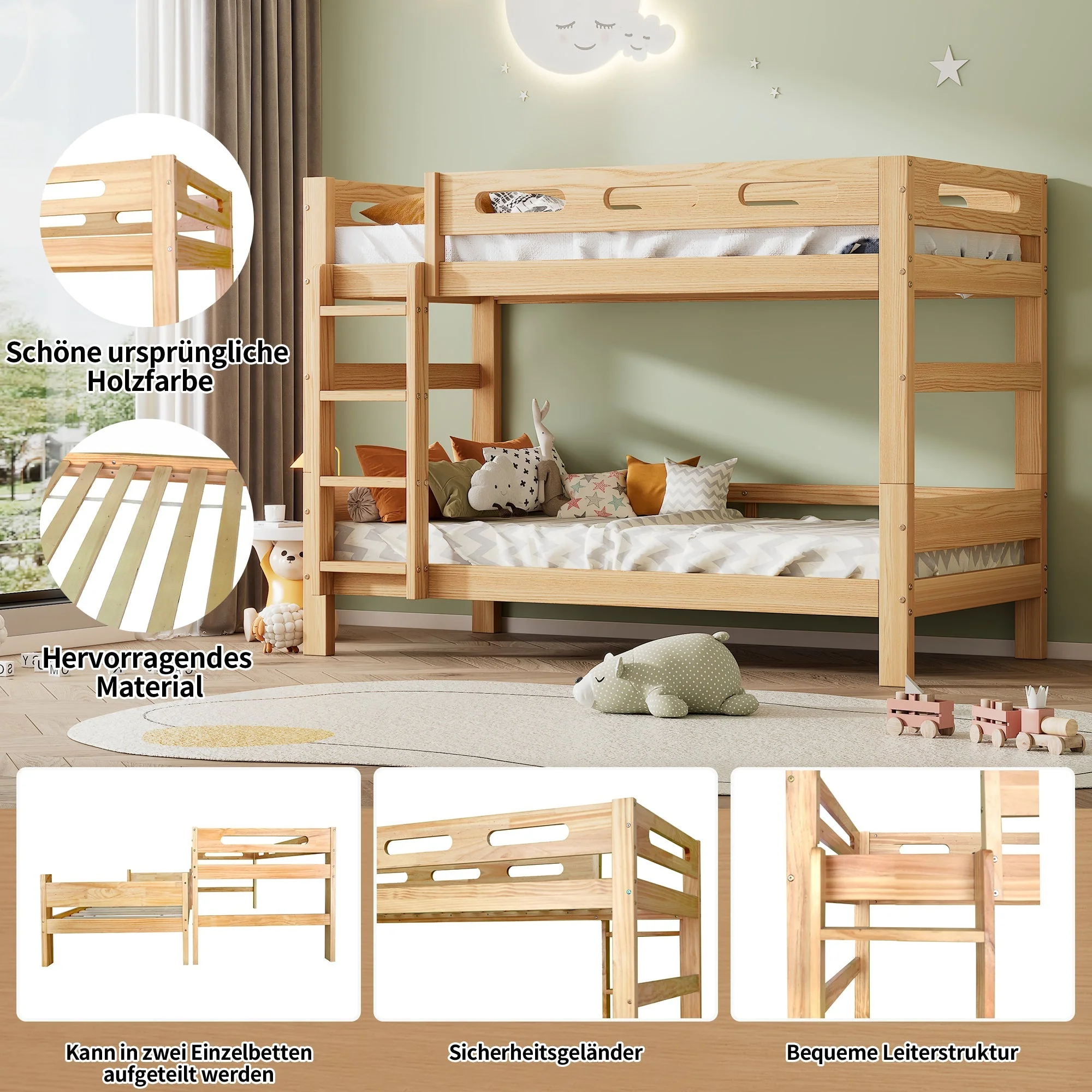 Bunk Bed 90x200cm Divisible 2 Single Beds Sturdy Pine Frame, Natural - Image 6
