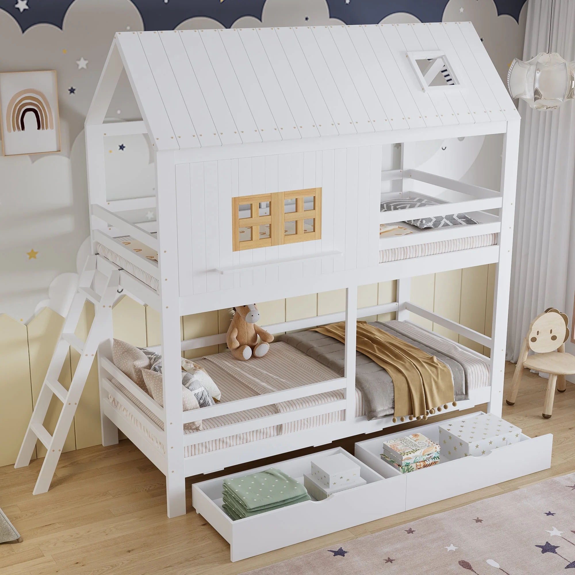 Bunk Bed 90x200cm House Design 2 Drawers Ladder - White/Natural - Image 2